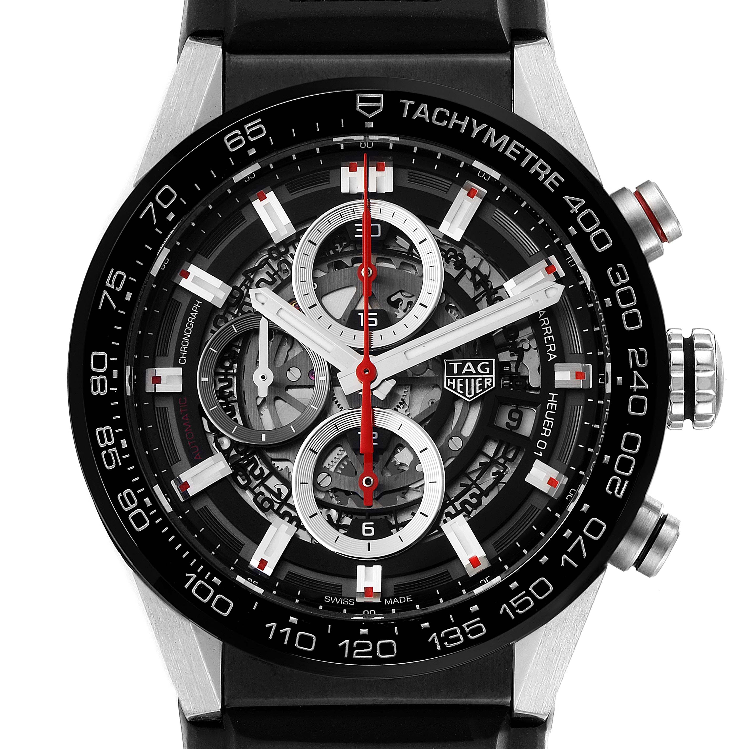 This image shows a front view of the Tag Heuer Carrera CAR201V.BA0714 Men
s Stainless Steel Black Dial CAR201V.BA0714 Men
s Stainless Steel Black Dial watch, highlighting the dial, tachymeter bezel, and chronograph sub-dials.