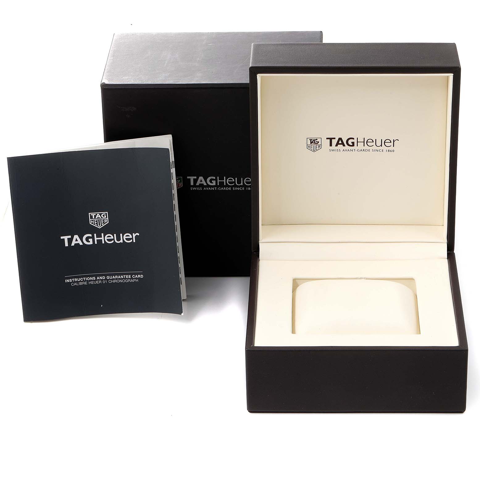 The image shows the packaging of a Tag Heuer Carrera CAR201V.BA0714 Men
s Stainless Steel Black Dial CAR201V.BA0714 Men
s Stainless Steel Black Dial model watch, including the outer box, inner watch box, and instruction manual.