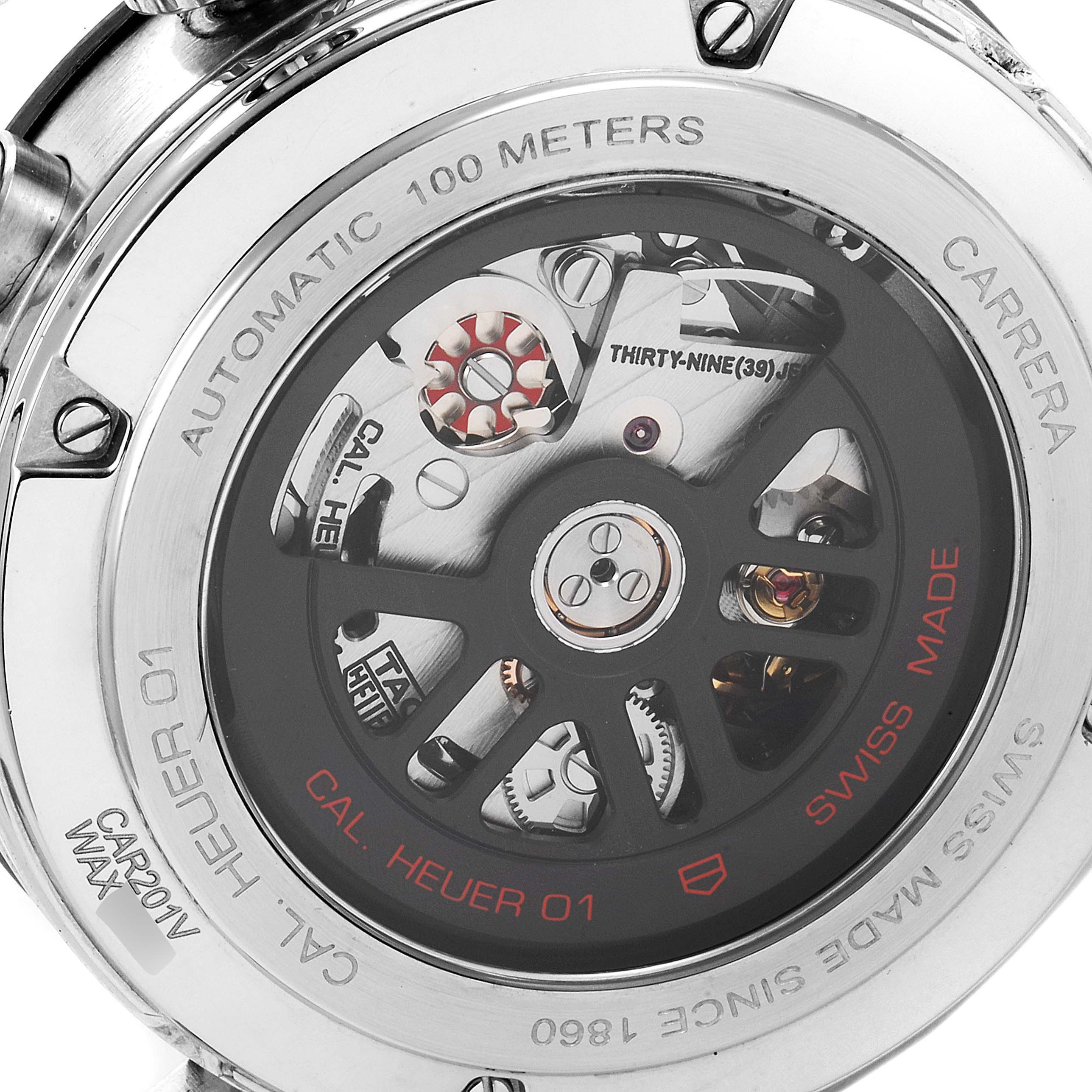 The image shows the back of a Tag Heuer Carrera CAR201V.BA0714 Men
s Stainless Steel Black Dial CAR201V.BA0714 Men
s Stainless Steel Black Dial watch, highlighting its automatic movement mechanism and branding.