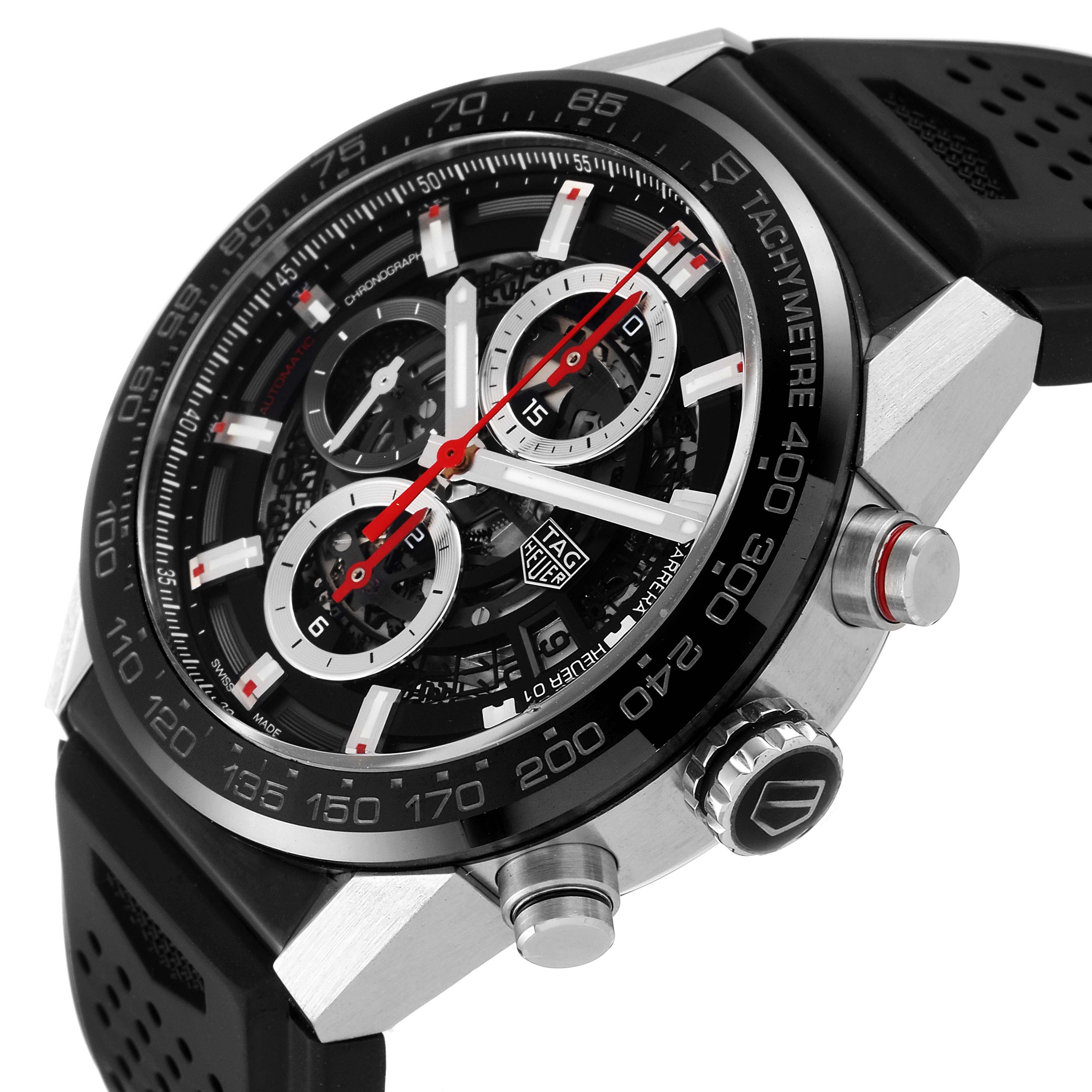 The image shows a close-up, angled view of the Tag Heuer Carrera CAR201V.BA0714 Men
s Stainless Steel Black Dial CAR201V.BA0714 Men
s Stainless Steel Black Dial watch, highlighting its face, bezel, and side crown buttons.