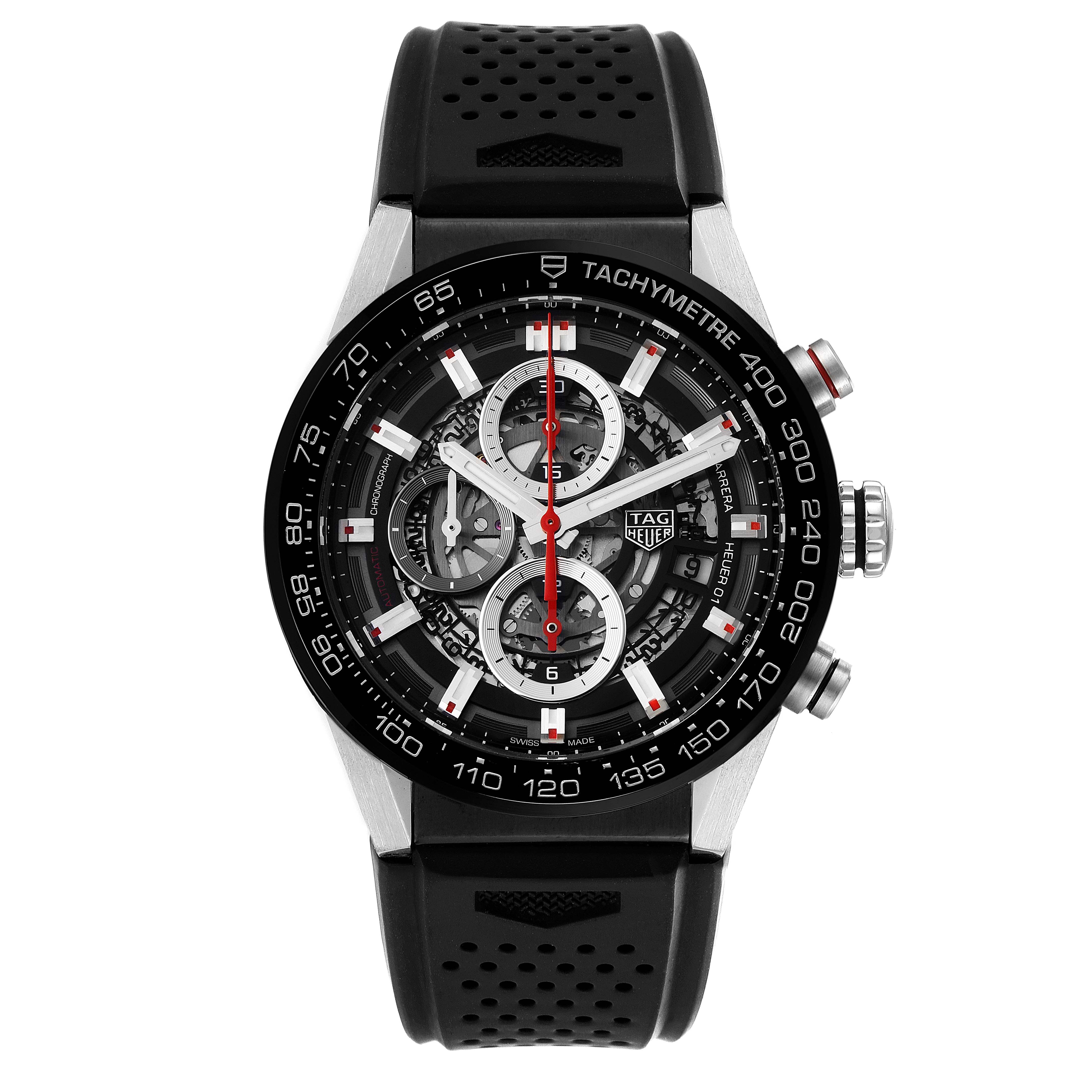 The Tag Heuer Carrera CAR201V.BA0714 Men
s Stainless Steel Black Dial CAR201V.BA0714 Men
s Stainless Steel Black Dial model watch is shown from a front angle, displaying its face, dial, and black rubber strap.