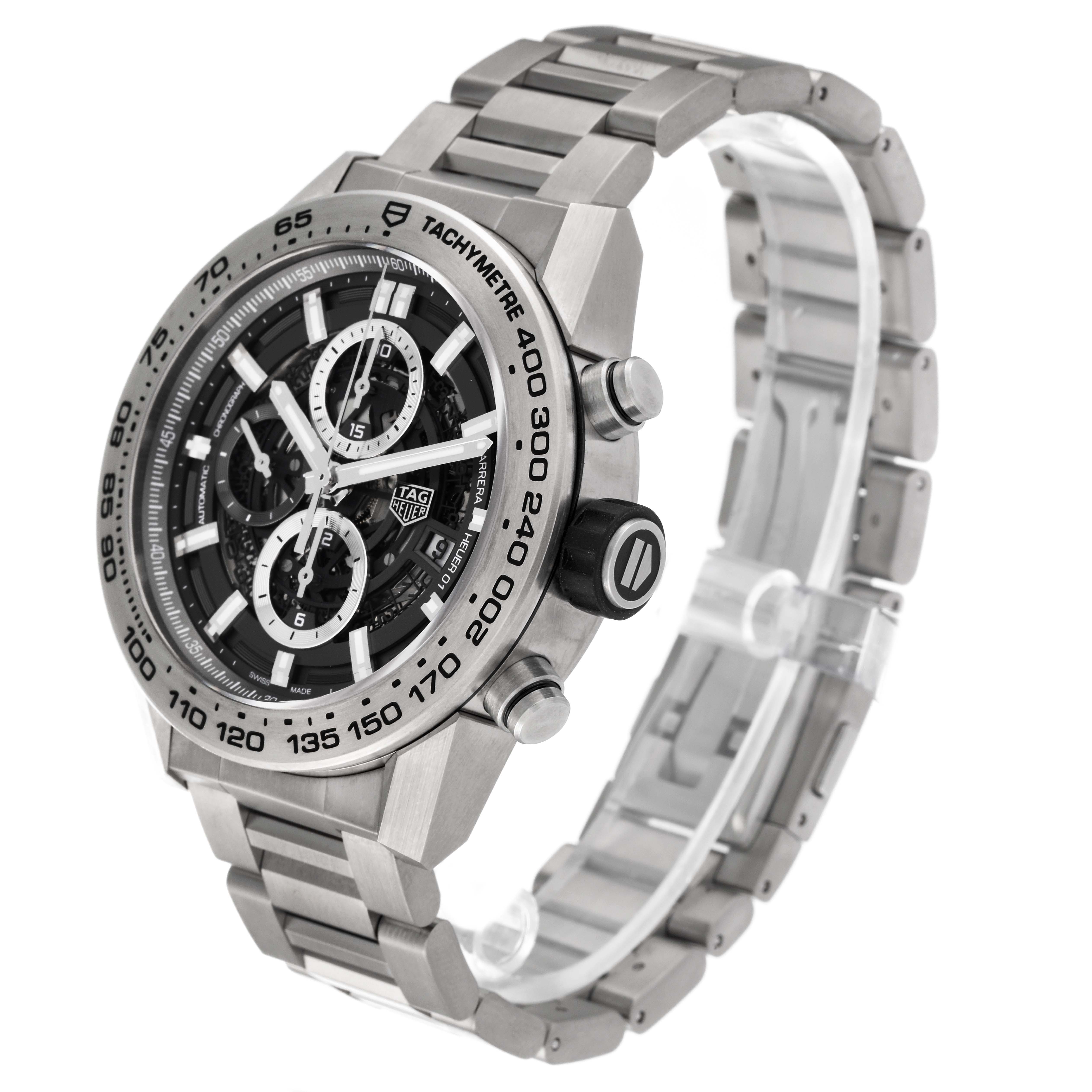 The image shows a side-angle view of the Tag Heuer Carrera CAR2A8A.BF0707 Men's Titanium Grey Dial CAR2A8A.BF0707 Men's Titanium Grey Dial watch, showcasing its face, bezel, and stainless steel bracelet.