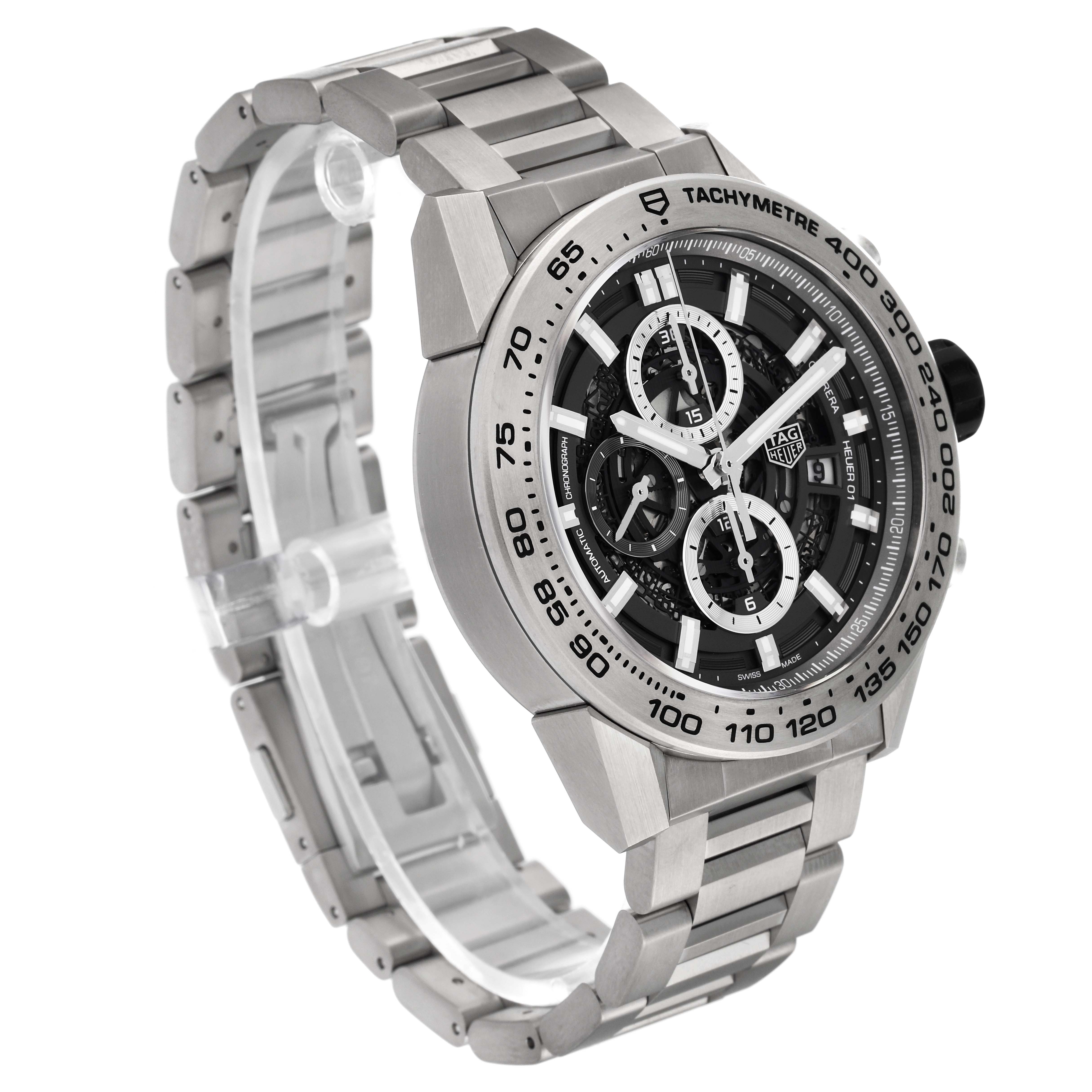 The image shows a side-angle view of the Tag Heuer Carrera CAR2A8A.BF0707 Men's Titanium Grey Dial CAR2A8A.BF0707 Men's Titanium Grey Dial watch, highlighting its stainless steel bracelet and tachymeter bezel.