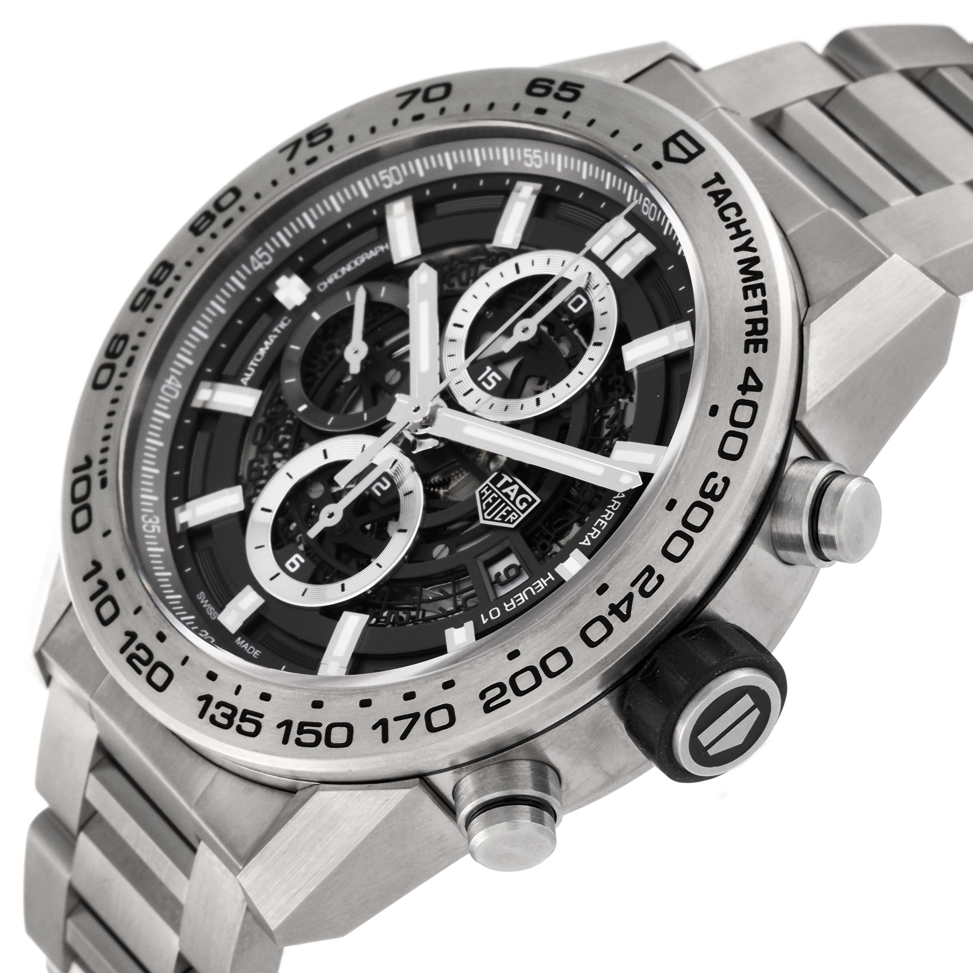 The image shows a close-up, angled view of the Tag Heuer Carrera CAR2A8A.BF0707 Men's Titanium Grey Dial CAR2A8A.BF0707 Men's Titanium Grey Dial watch, featuring the dial, bezel, and part of the bracelet.