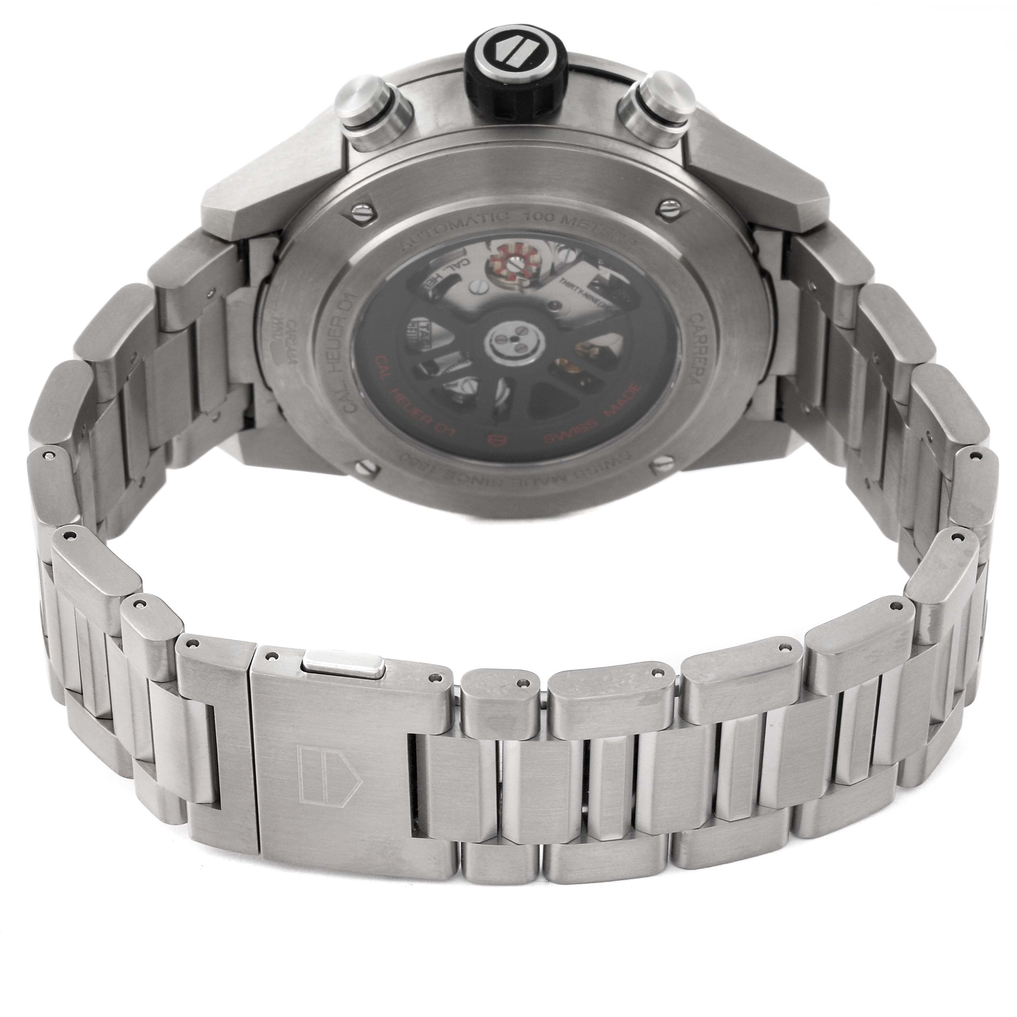 This image shows the back and side of the Tag Heuer Carrera CAR2A8A.BF0707 Men's Titanium Grey Dial CAR2A8A.BF0707 Men's Titanium Grey Dial watch, highlighting the bracelet, clasp, and transparent case back.