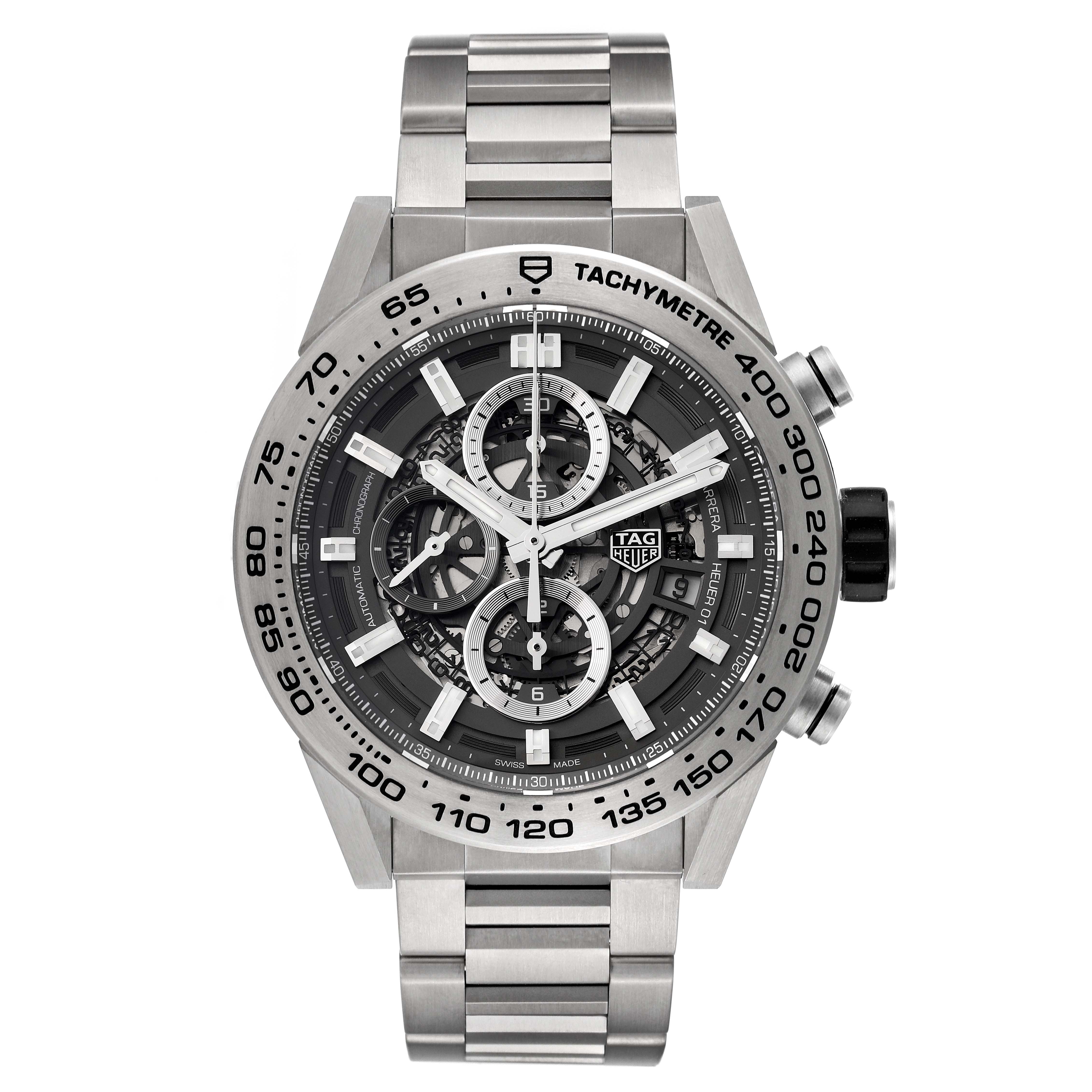 This image shows a Tag Heuer Carrera CAR2A8A.BF0707 Men's Titanium Grey Dial CAR2A8A.BF0707 Men's Titanium Grey Dial watch from a front angle, displaying its face, bezel, and bracelet.