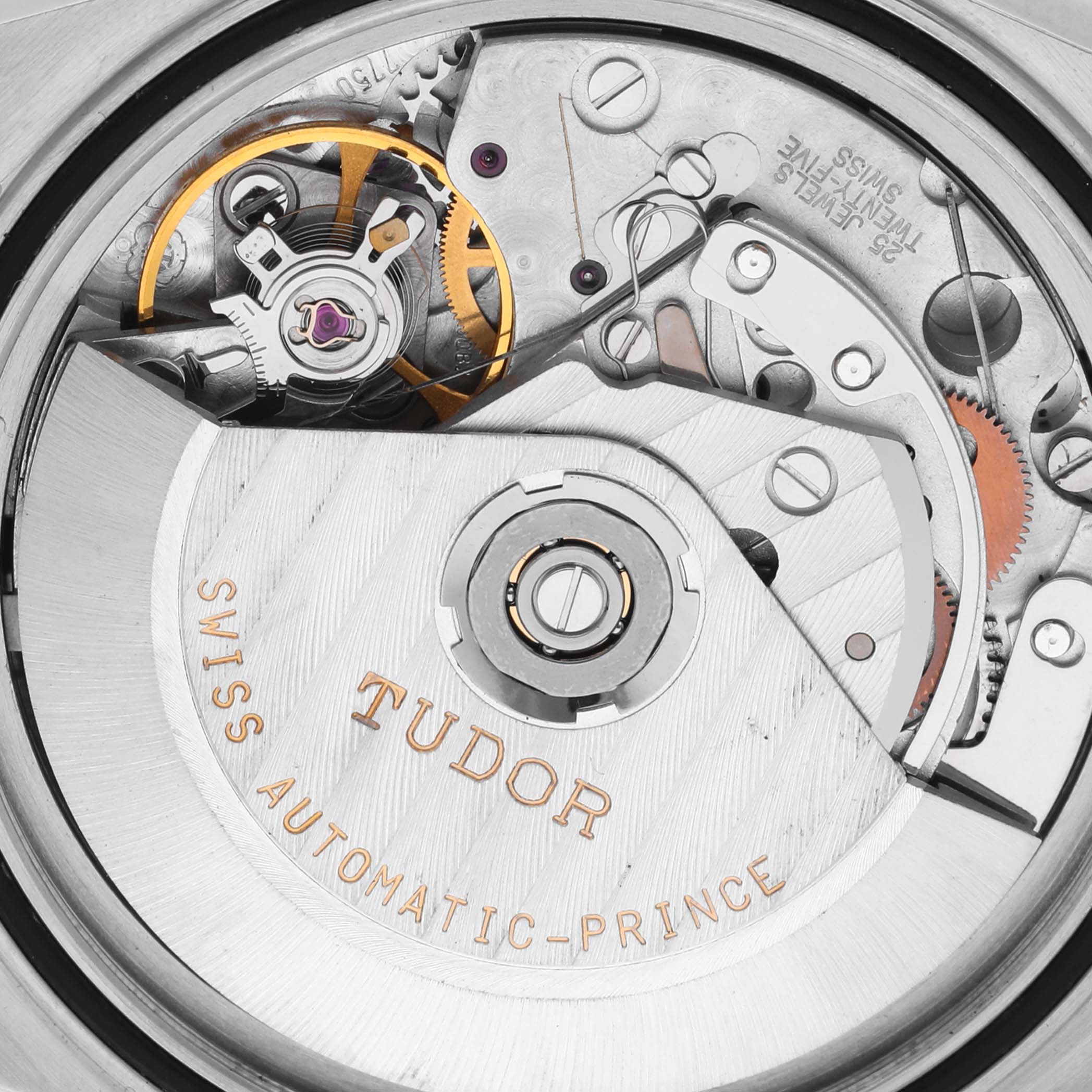 The image shows the movement of a Tudor Prince watch, highlighting its intricate gears and automatic mechanism.