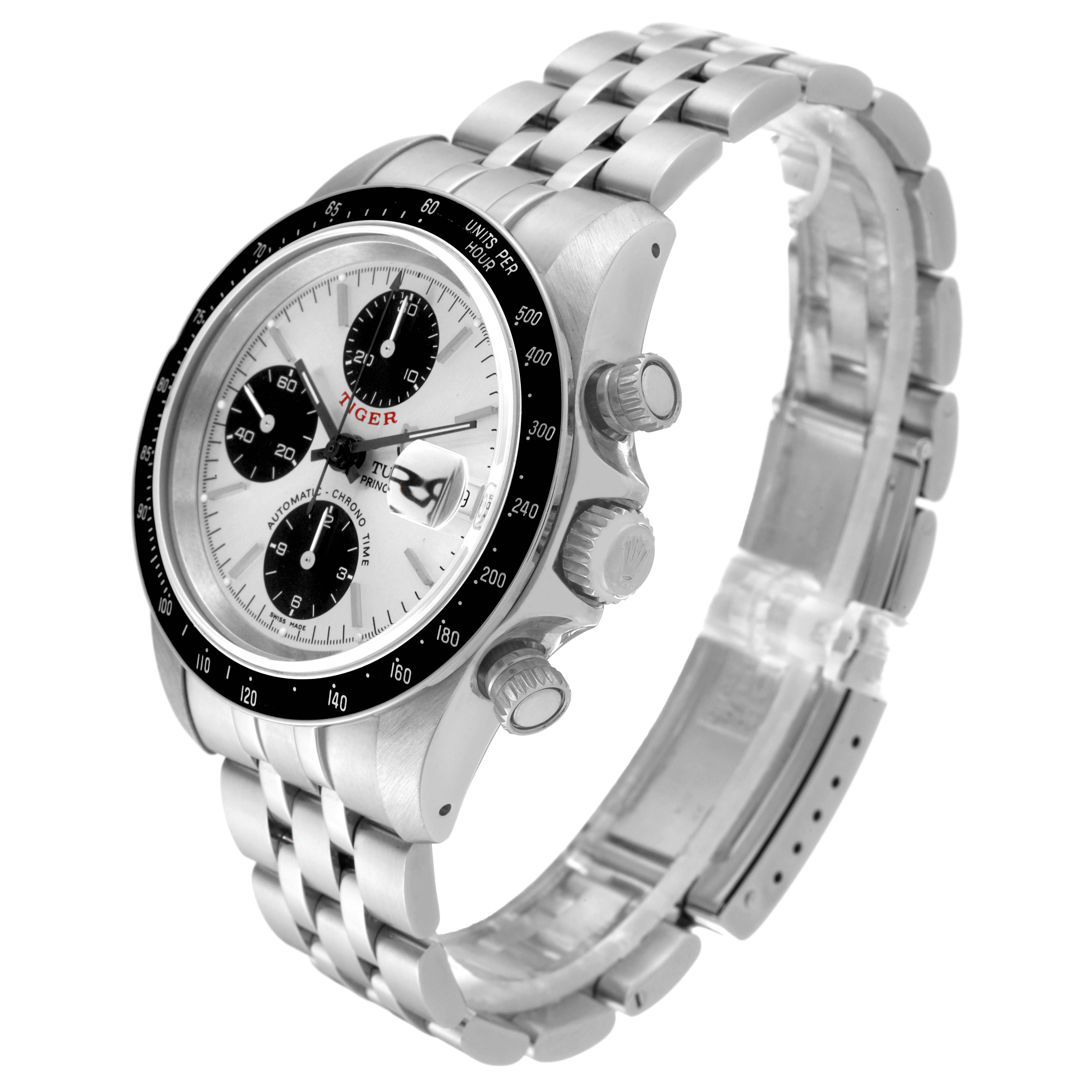 The Tudor Prince watch is shown at an angled side view, highlighting the bezel, crown, pushers, and bracelet.