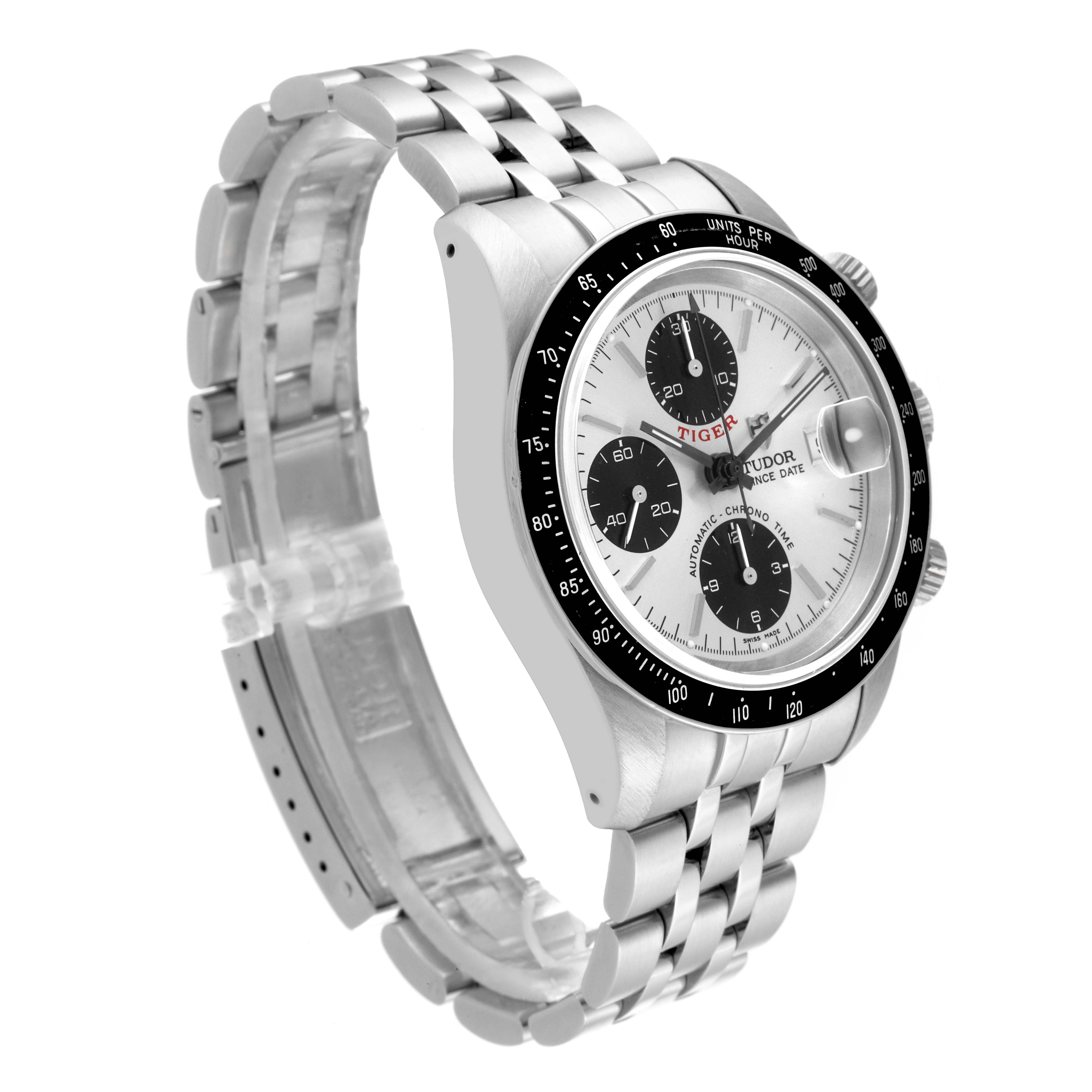 The Tudor Prince watch is shown at an angled side view, displaying the case, bezel, dial, and bracelet.