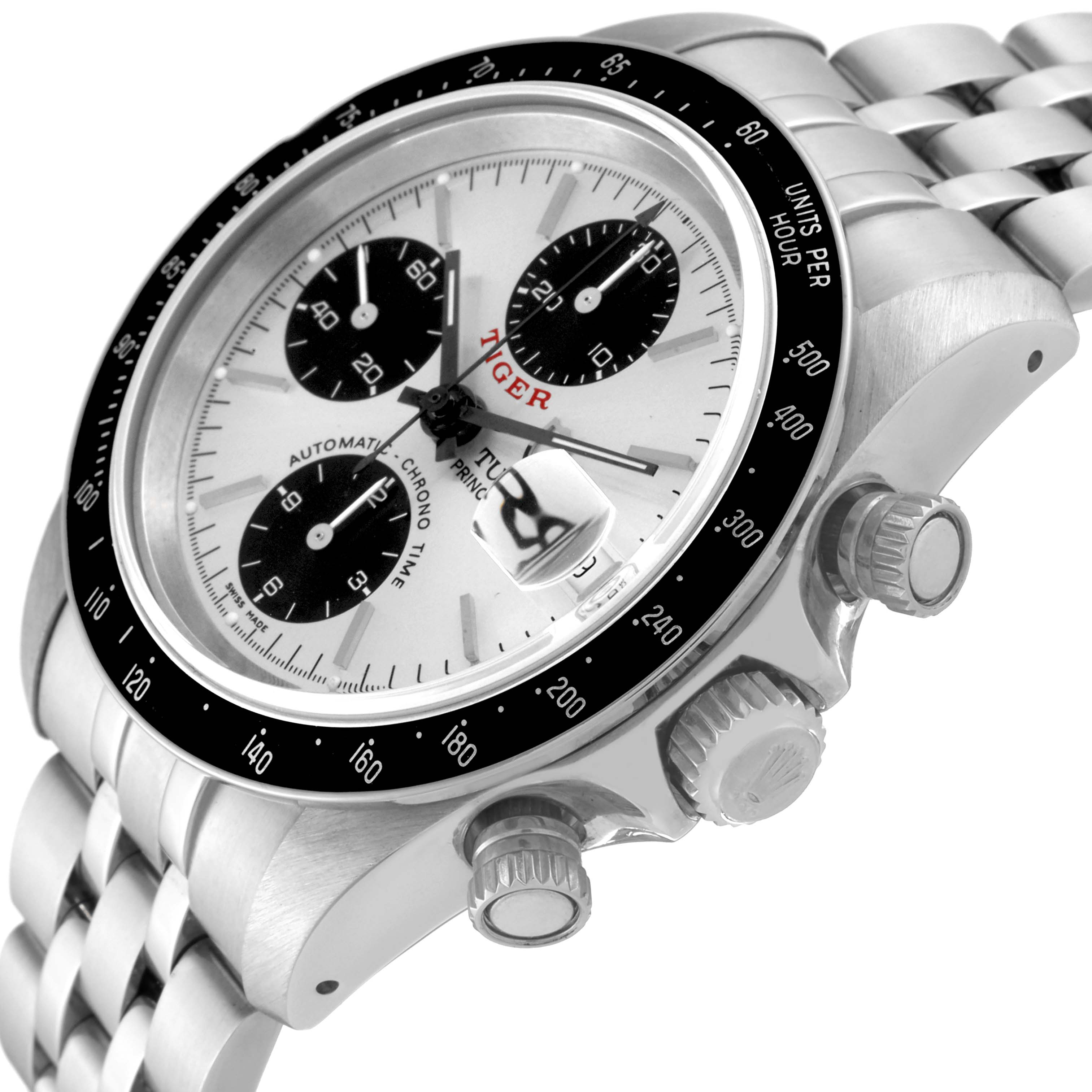 The Tudor Prince watch is shown at a slight angle, displaying the face, bezel, crown, pushers, and part of the bracelet.