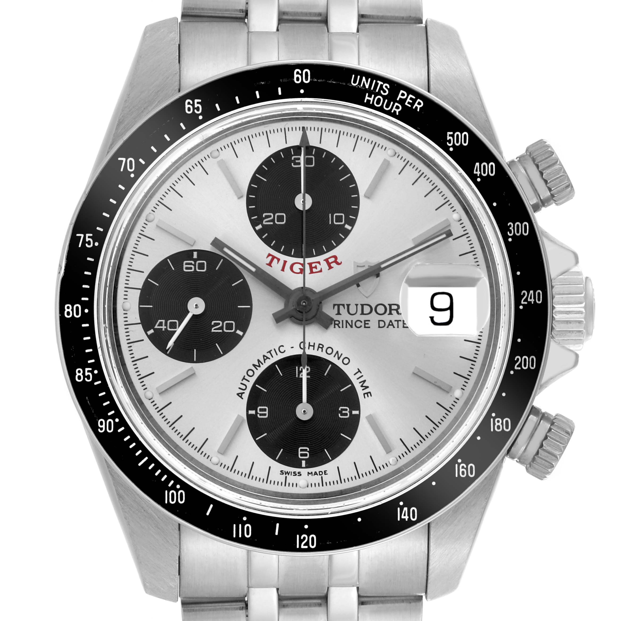 The Tudor Prince watch is shown from the front, displaying the dial, bezel, crown, and subdials.