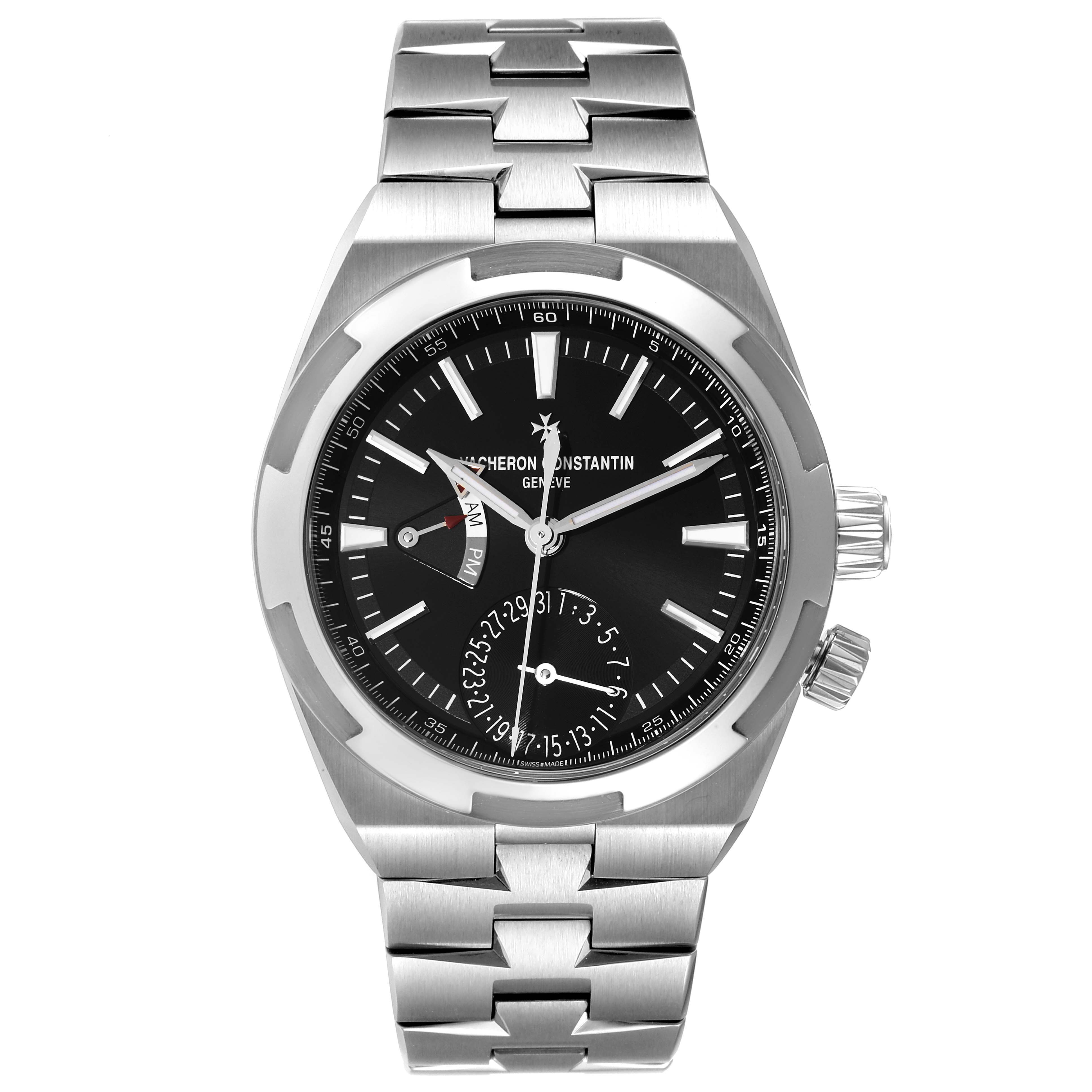 The image shows a front view of a Vacheron Constantin Overseas 7900V/110A Men
s Stainless Steel Black Dial 7900V/110A Men
s Stainless Steel Black Dial model watch with a steel bracelet and black dial.