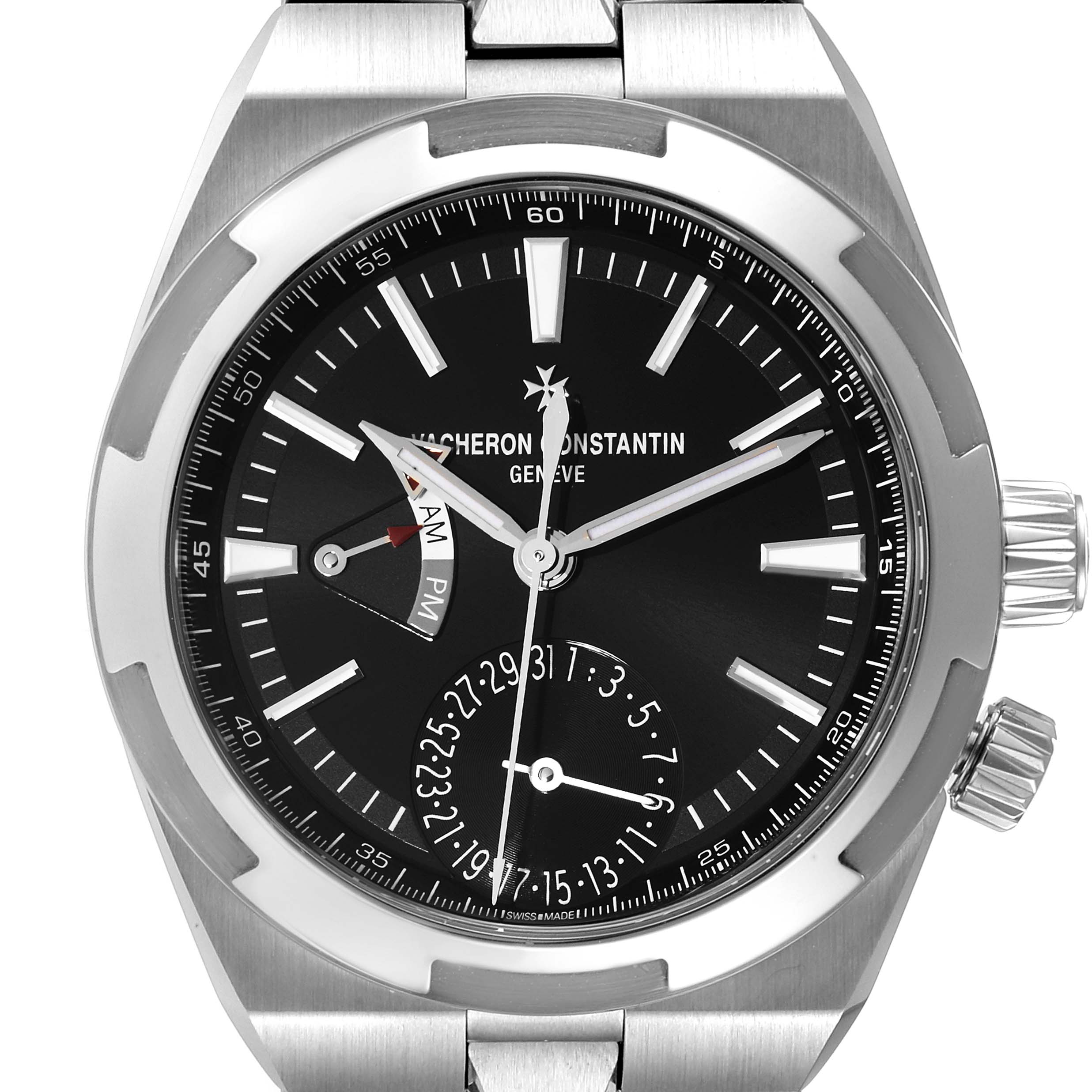 This image shows a front view of the Vacheron Constantin Overseas 7900V/110A Men
s Stainless Steel Black Dial 7900V/110A Men
s Stainless Steel Black Dial watch, displaying the dial, hands, and bezel.