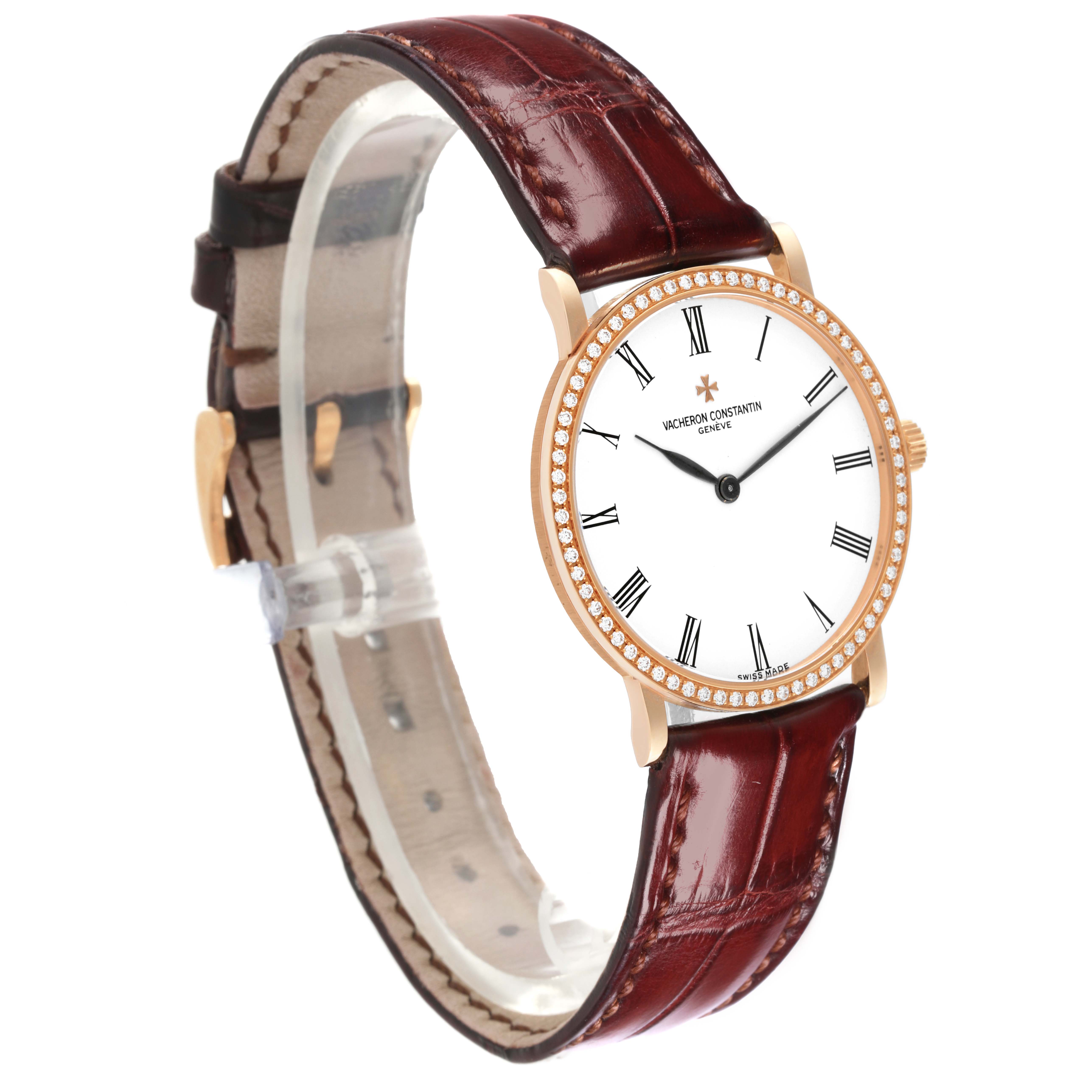 The Vacheron Constantin Traditionnelle 33593/3 Women's Rose Gold White Dial 33593/3 Women's Rose Gold White Dial watch is shown at a slight profile angle, highlighting the face, bezel, and leather strap.
