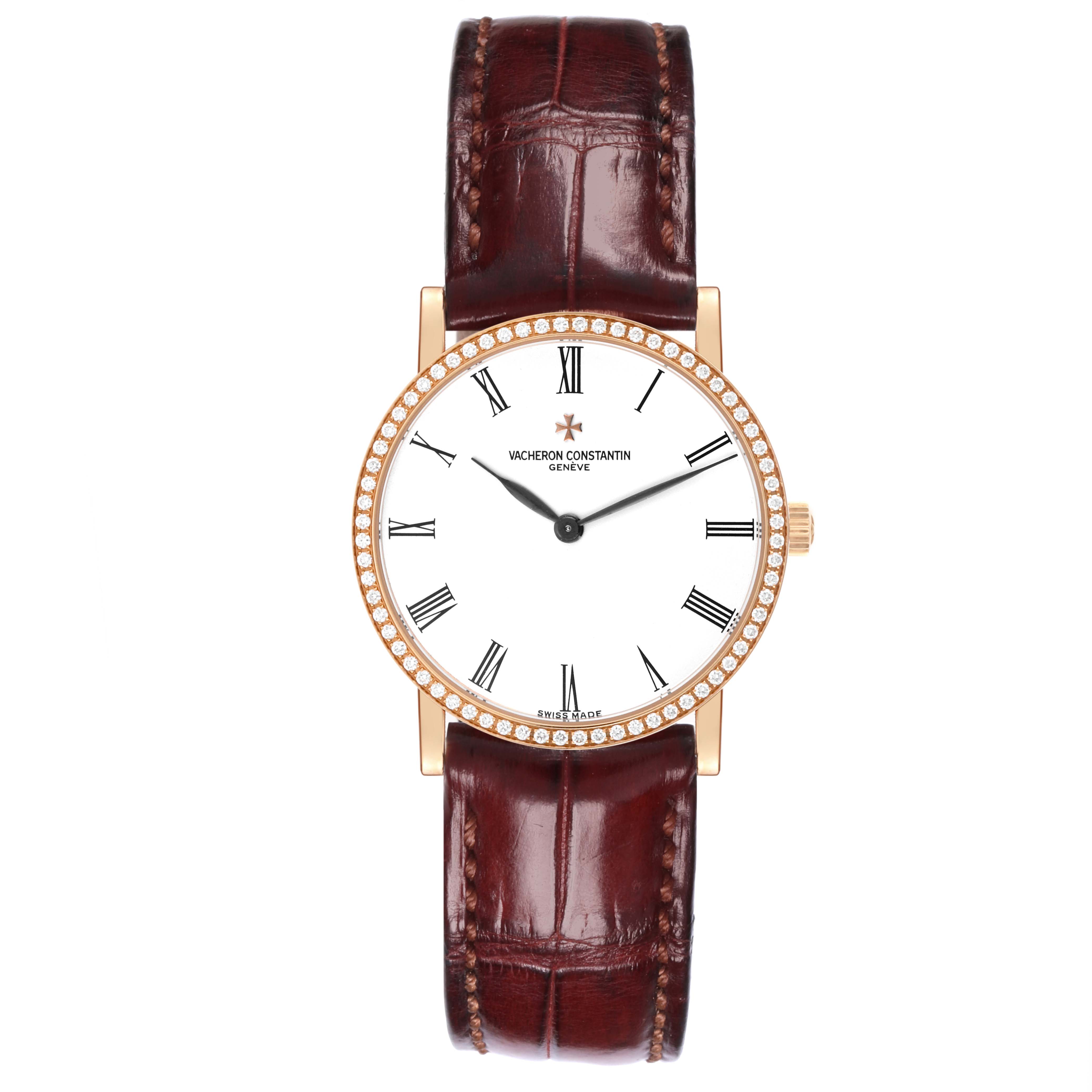 The Vacheron Constantin Traditionnelle 33593/3 Women's Rose Gold White Dial 33593/3 Women's Rose Gold White Dial watch is shown from the front, displaying the dial, bezel, and leather strap.