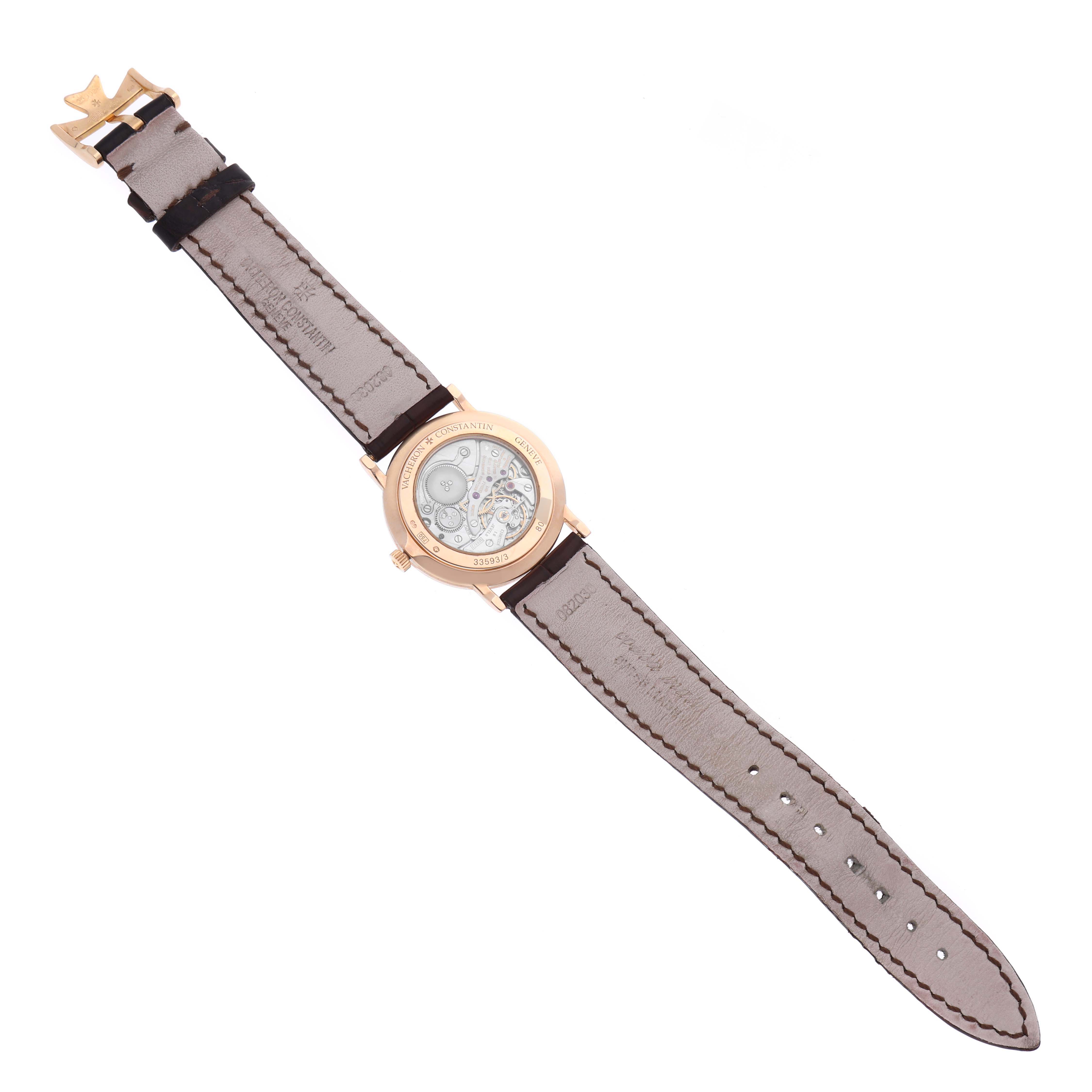 The Vacheron Constantin Traditionnelle 33593/3 Women's Rose Gold White Dial 33593/3 Women's Rose Gold White Dial is shown from the back, displaying its movement and full leather strap.