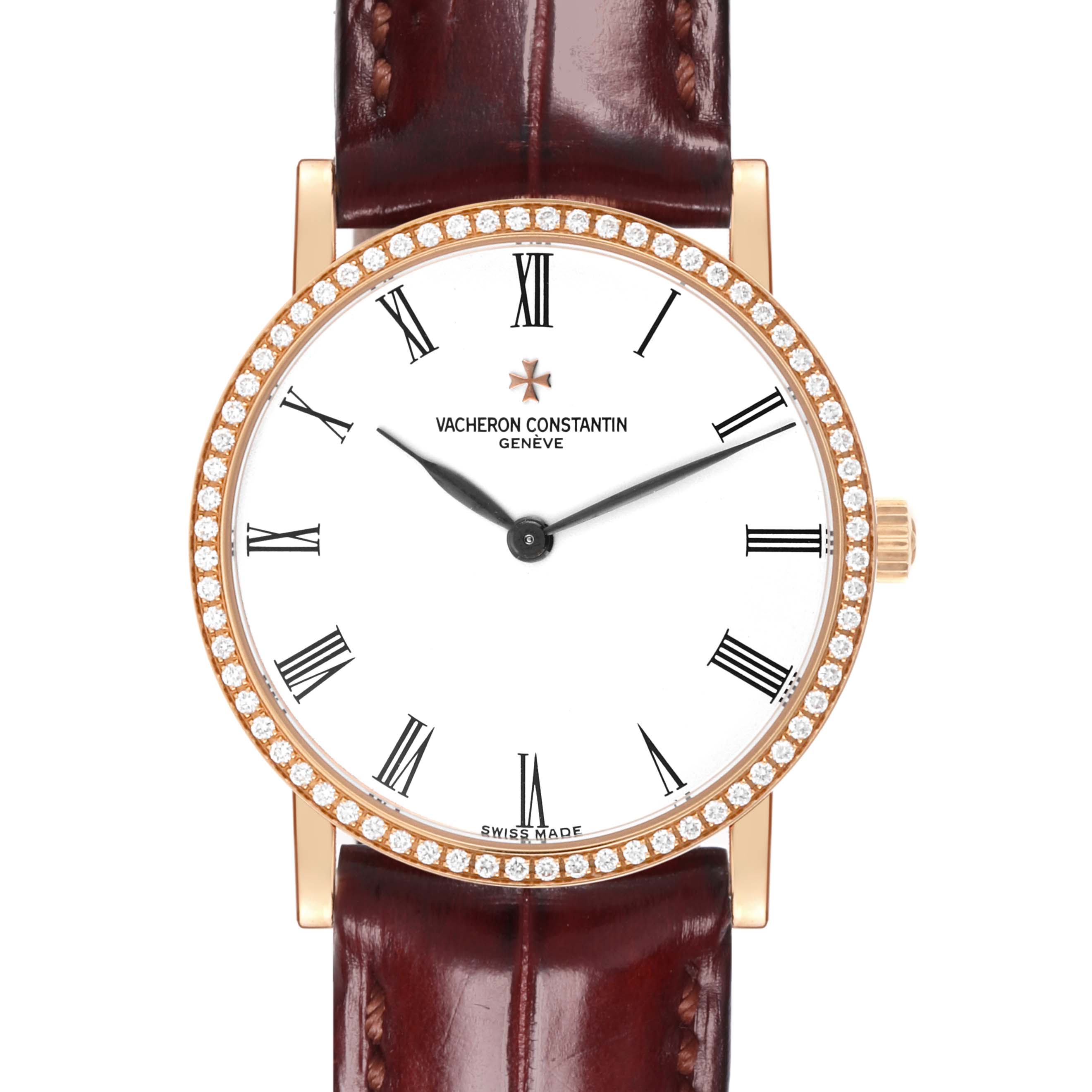 The Vacheron Constantin Traditionnelle 33593/3 Women's Rose Gold White Dial 33593/3 Women's Rose Gold White Dial watch is shown from the front, featuring a white dial, Roman numerals, and a diamond bezel.