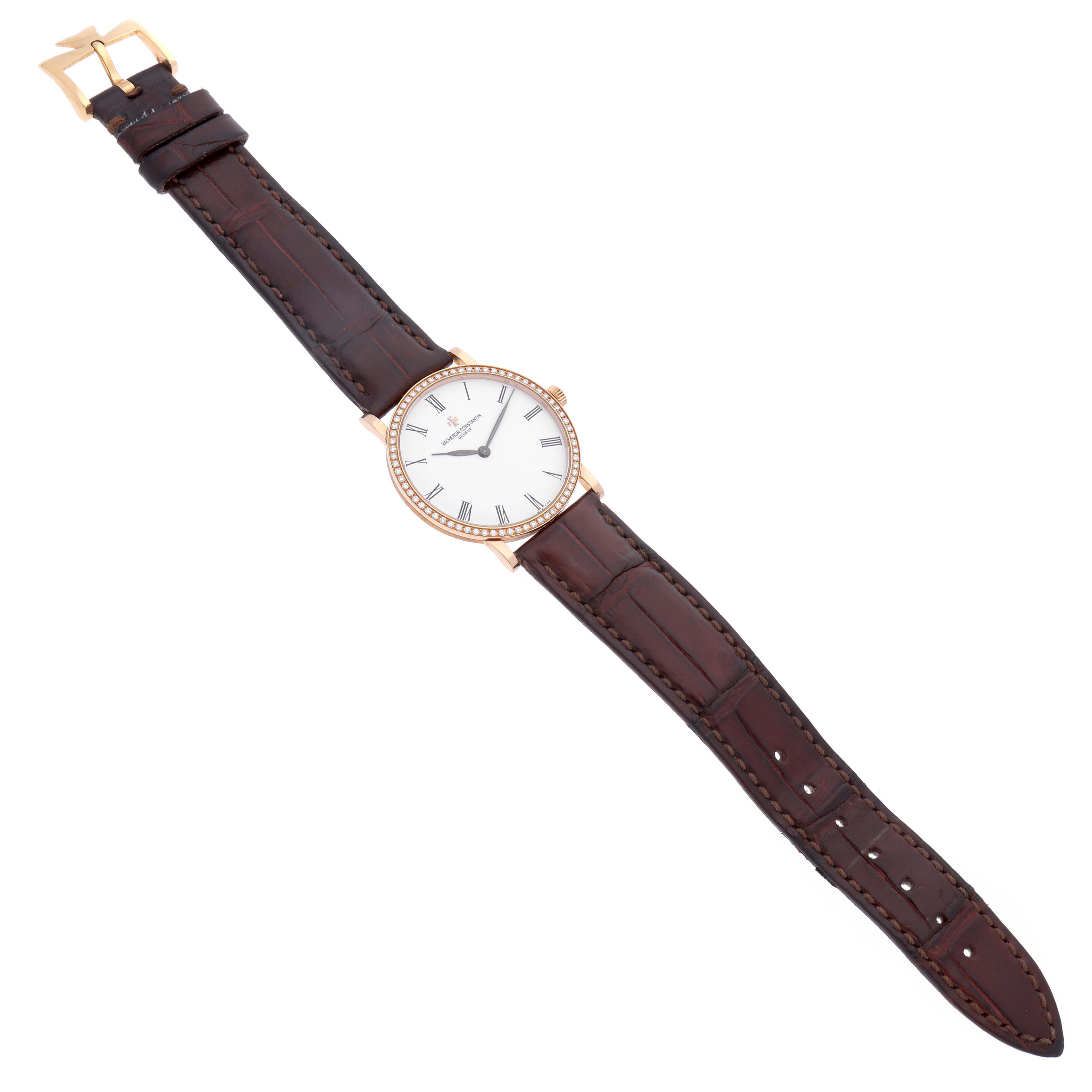 The Vacheron Constantin Traditionnelle 33593/3 Women's Rose Gold White Dial 33593/3 Women's Rose Gold White Dial watch is shown from a top view, displaying the dial and full leather strap.