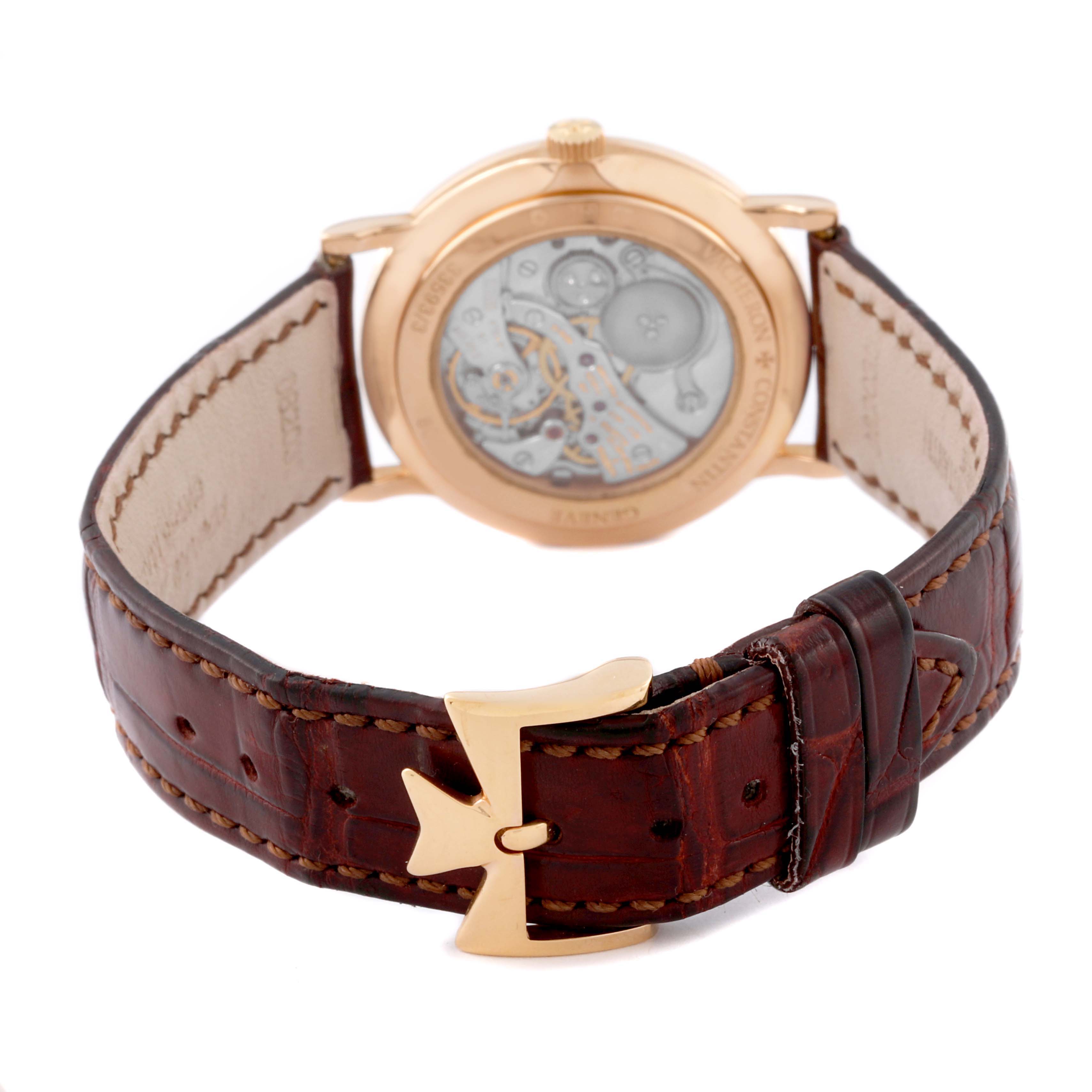 The image shows the back of a Vacheron Constantin Traditionnelle 33593/3 Women's Rose Gold White Dial 33593/3 Women's Rose Gold White Dial watch, focusing on the movement and leather strap.
