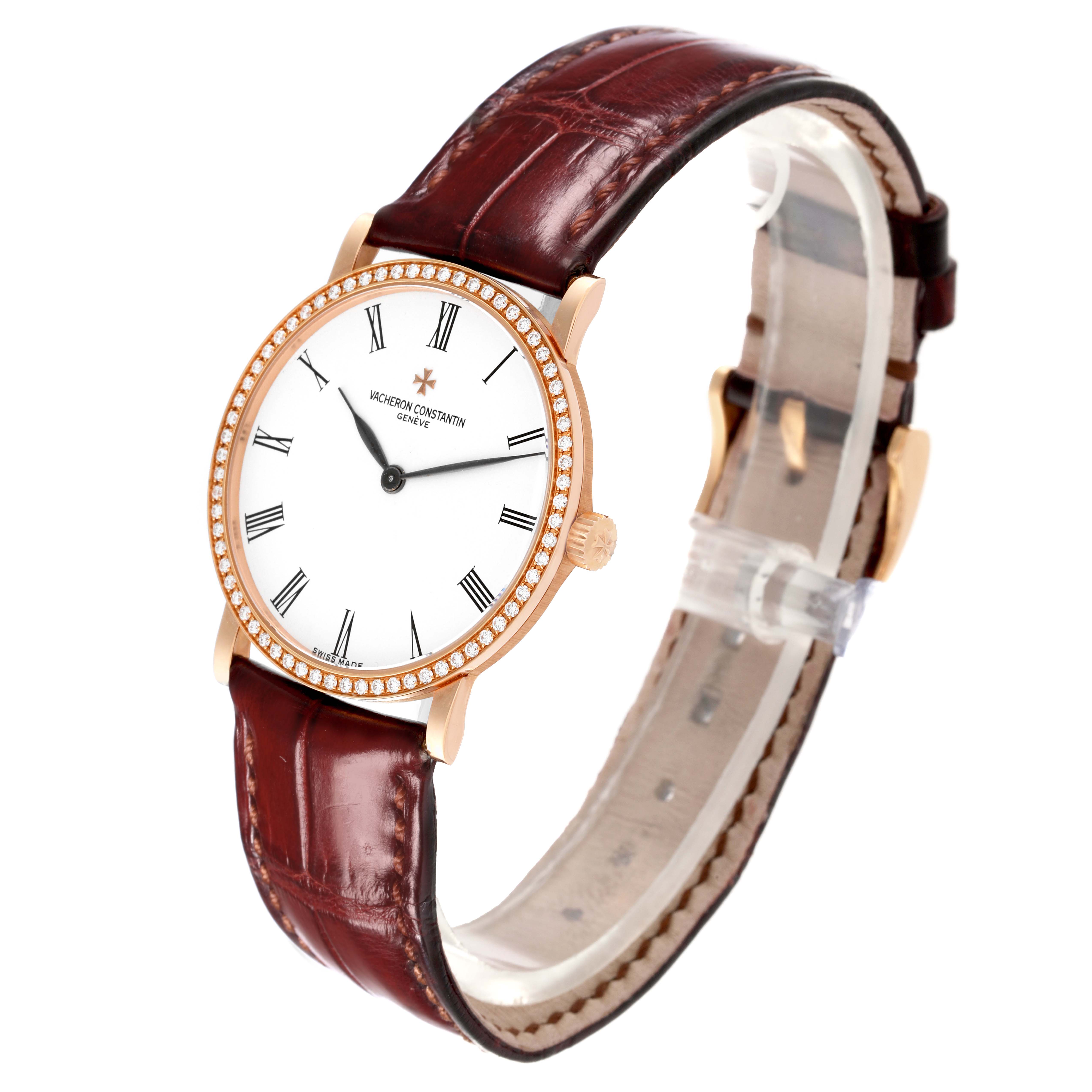 The Vacheron Constantin Traditionnelle 33593/3 Women's Rose Gold White Dial 33593/3 Women's Rose Gold White Dial watch is shown at an angled side view, displaying the face, bezel, and leather strap.