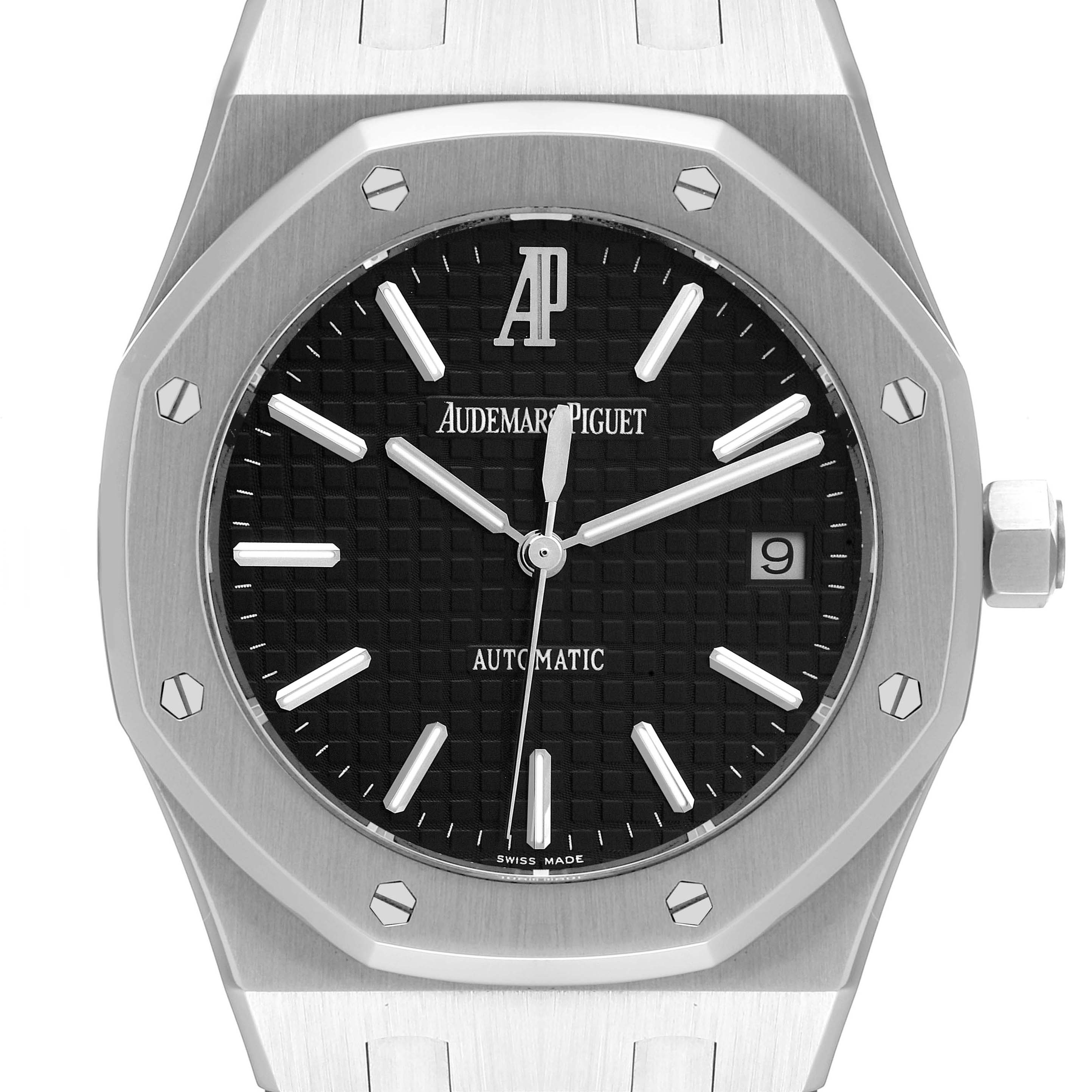 The image shows a front view of the Audemars Piguet Royal Oak 15300ST.OO.1220ST.03 Men's Stainless Steel Black Dial 15300ST.OO.1220ST.03 Men's Stainless Steel Black Dial watch, highlighting its dial, hands, date window, and bezel.