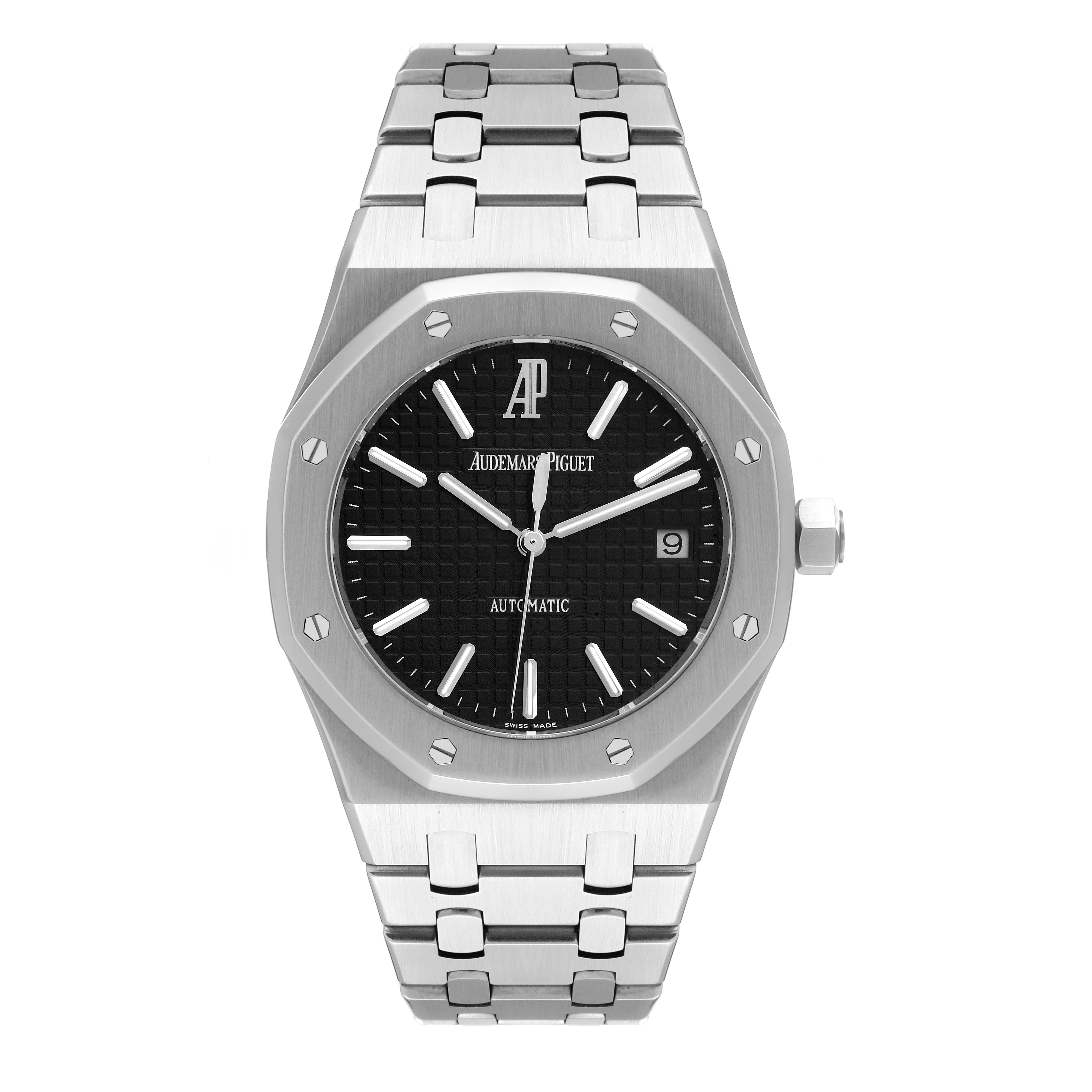 The image displays a front view of an Audemars Piguet Royal Oak 15300ST.OO.1220ST.03 Men's Stainless Steel Black Dial 15300ST.OO.1220ST.03 Men's Stainless Steel Black Dial, showcasing the dial, bezel, and bracelet.