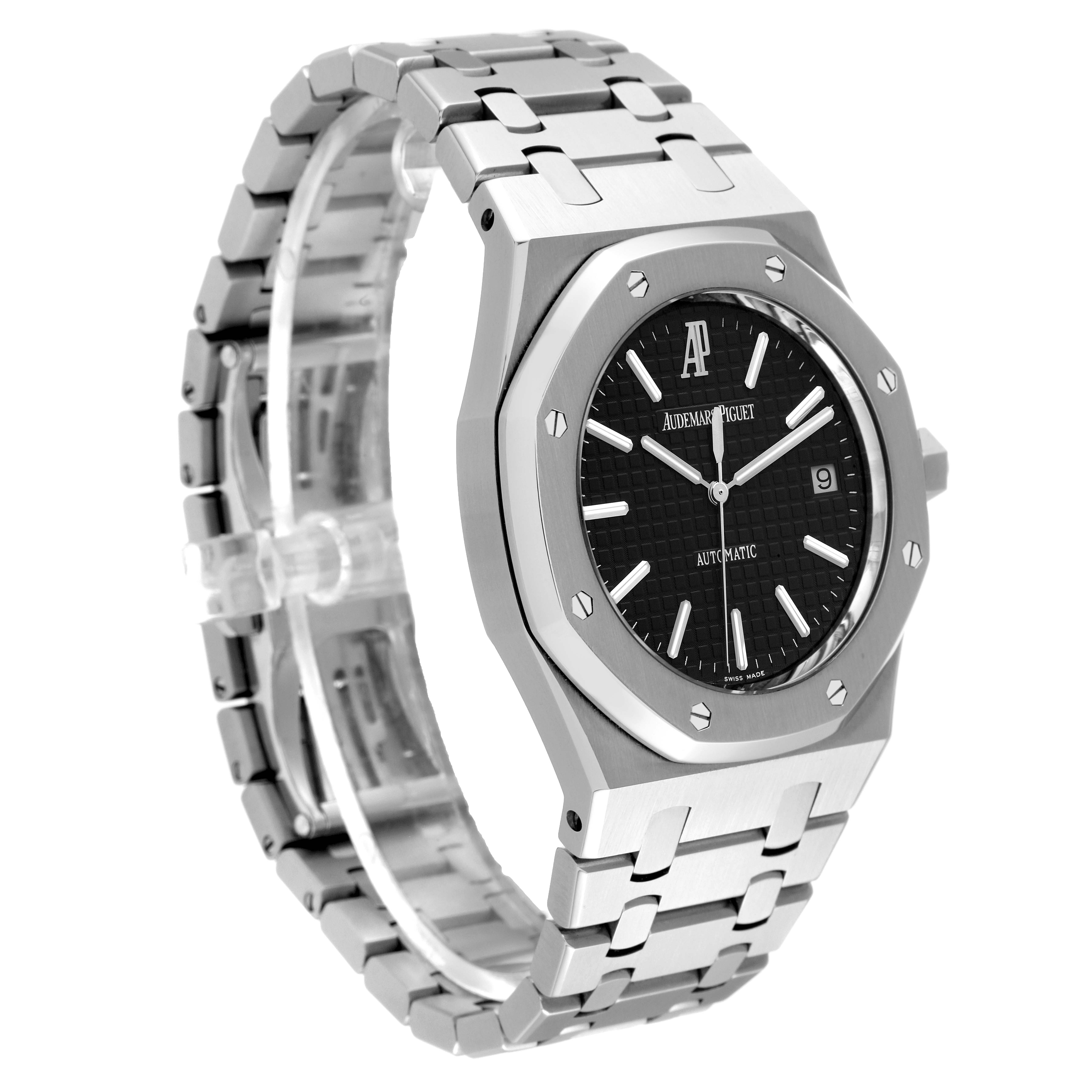 This image shows a side angle of the Audemars Piguet Royal Oak 15300ST.OO.1220ST.03 Men's Stainless Steel Black Dial 15300ST.OO.1220ST.03 Men's Stainless Steel Black Dial watch, highlighting its bracelet, bezel, and dial.