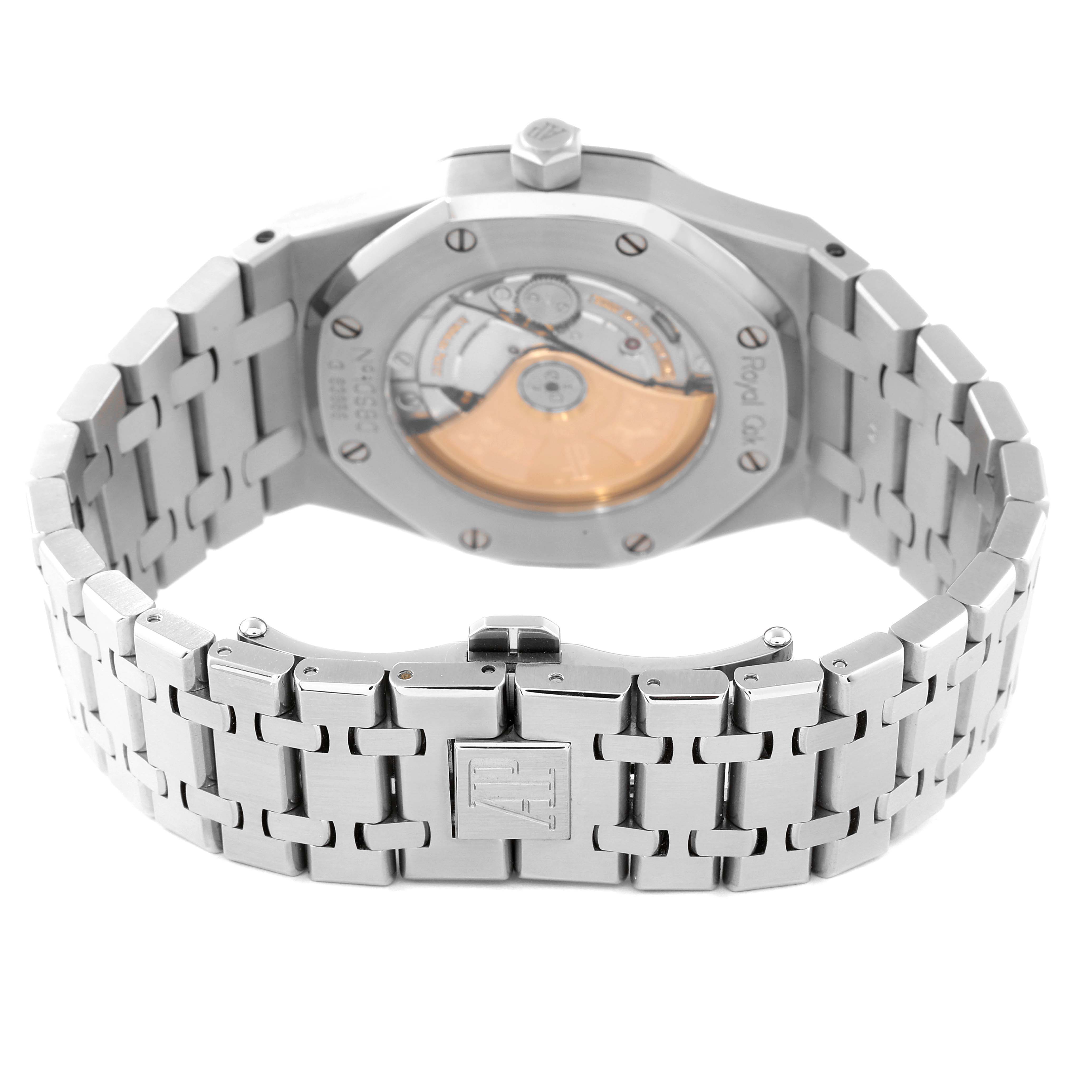 The image shows the back view of an Audemars Piguet Royal Oak 15300ST.OO.1220ST.03 Men's Stainless Steel Black Dial 15300ST.OO.1220ST.03 Men's Stainless Steel Black Dial, highlighting its case back and metal bracelet clasp.