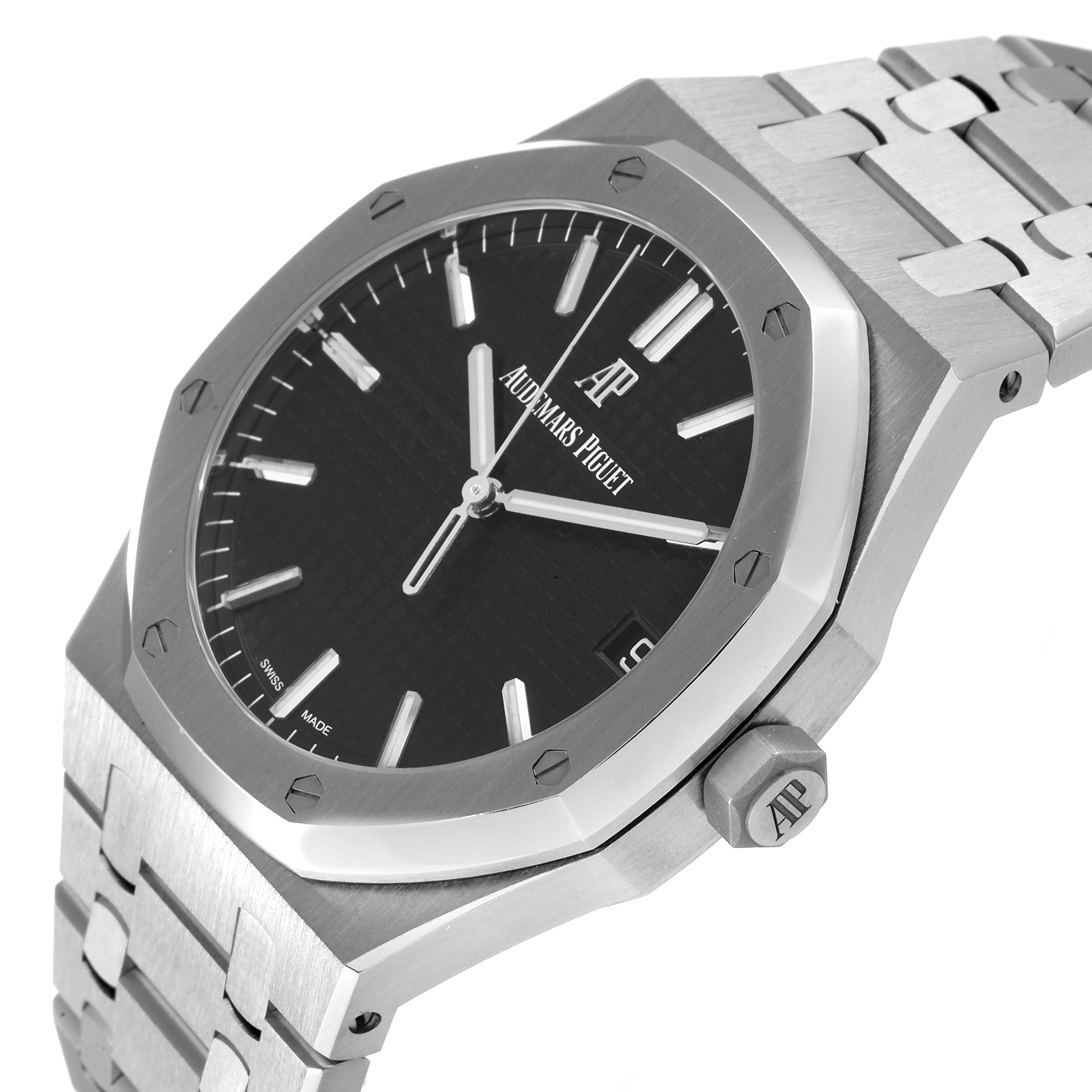 The image shows a side angle of an Audemars Piguet Royal Oak 15500ST.OO.1220ST.03 Men's Stainless Steel Black Dial 15500ST.OO.1220ST.03 Men's Stainless Steel Black Dial watch, highlighting its dial, bezel, crown, and part of the bracelet.