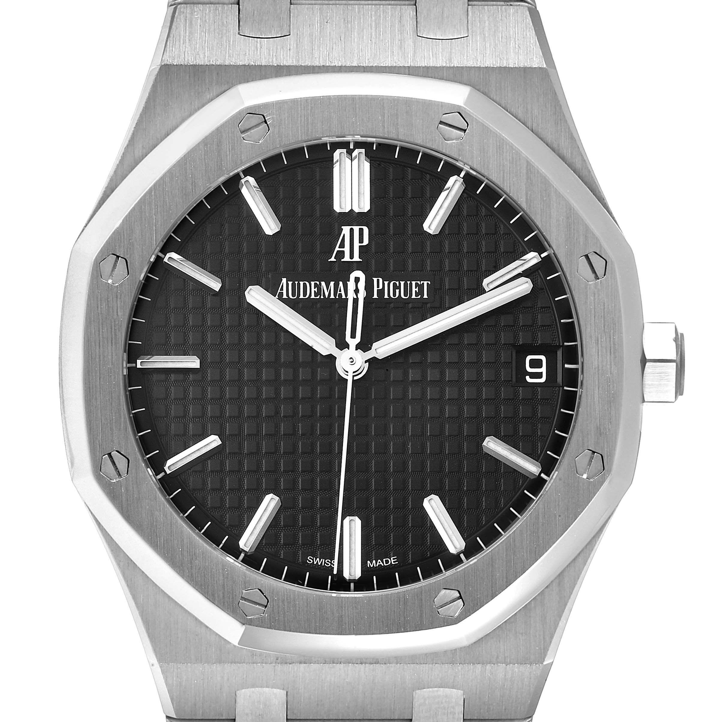 The image shows a front view of the Audemars Piguet Royal Oak 15500ST.OO.1220ST.03 Men's Stainless Steel Black Dial 15500ST.OO.1220ST.03 Men's Stainless Steel Black Dial watch, displaying the face, bezel, and part of the bracelet.