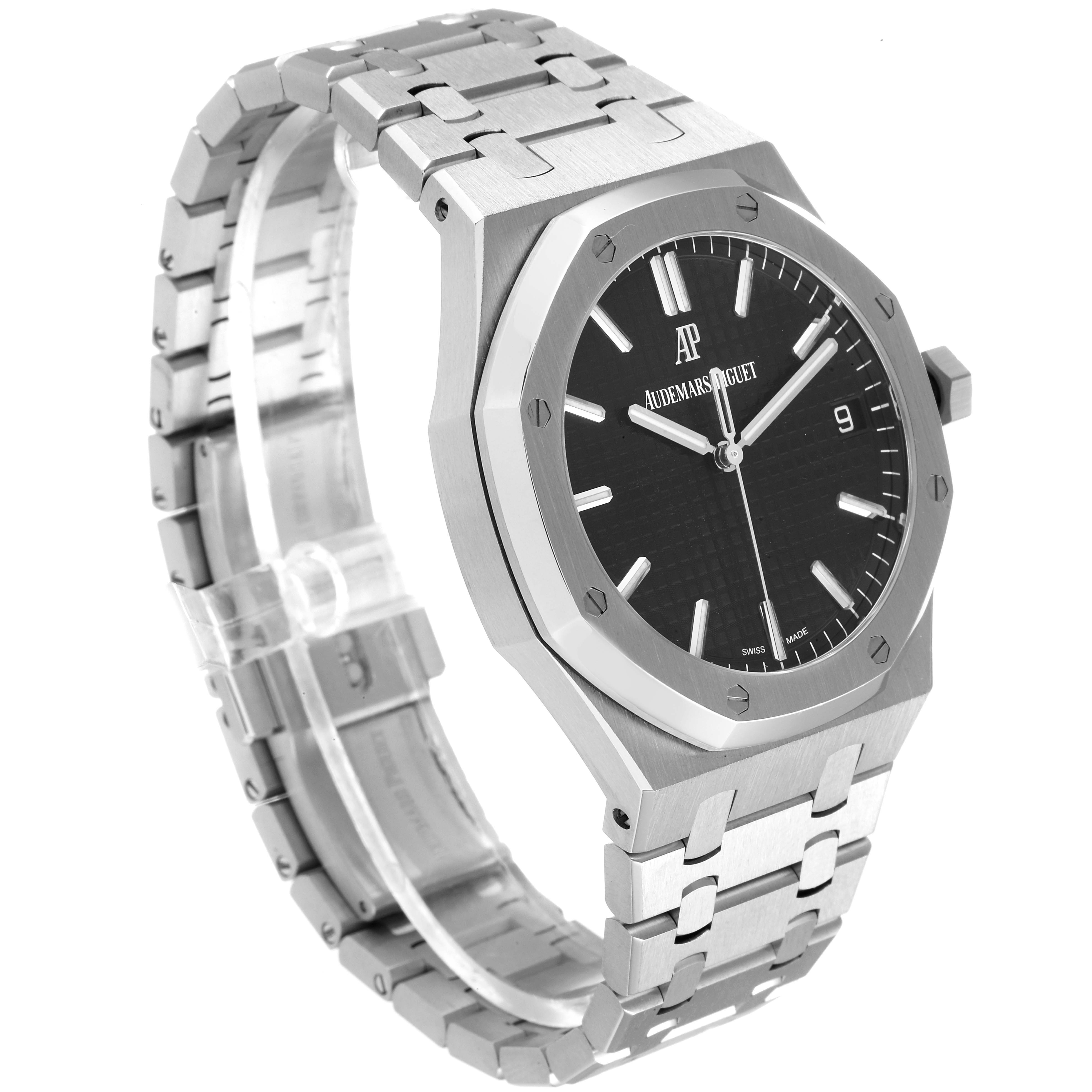 The image shows a side angle of the Audemars Piguet Royal Oak 15500ST.OO.1220ST.03 Men's Stainless Steel Black Dial 15500ST.OO.1220ST.03 Men's Stainless Steel Black Dial watch featuring its octagonal bezel, bracelet, and clasp.