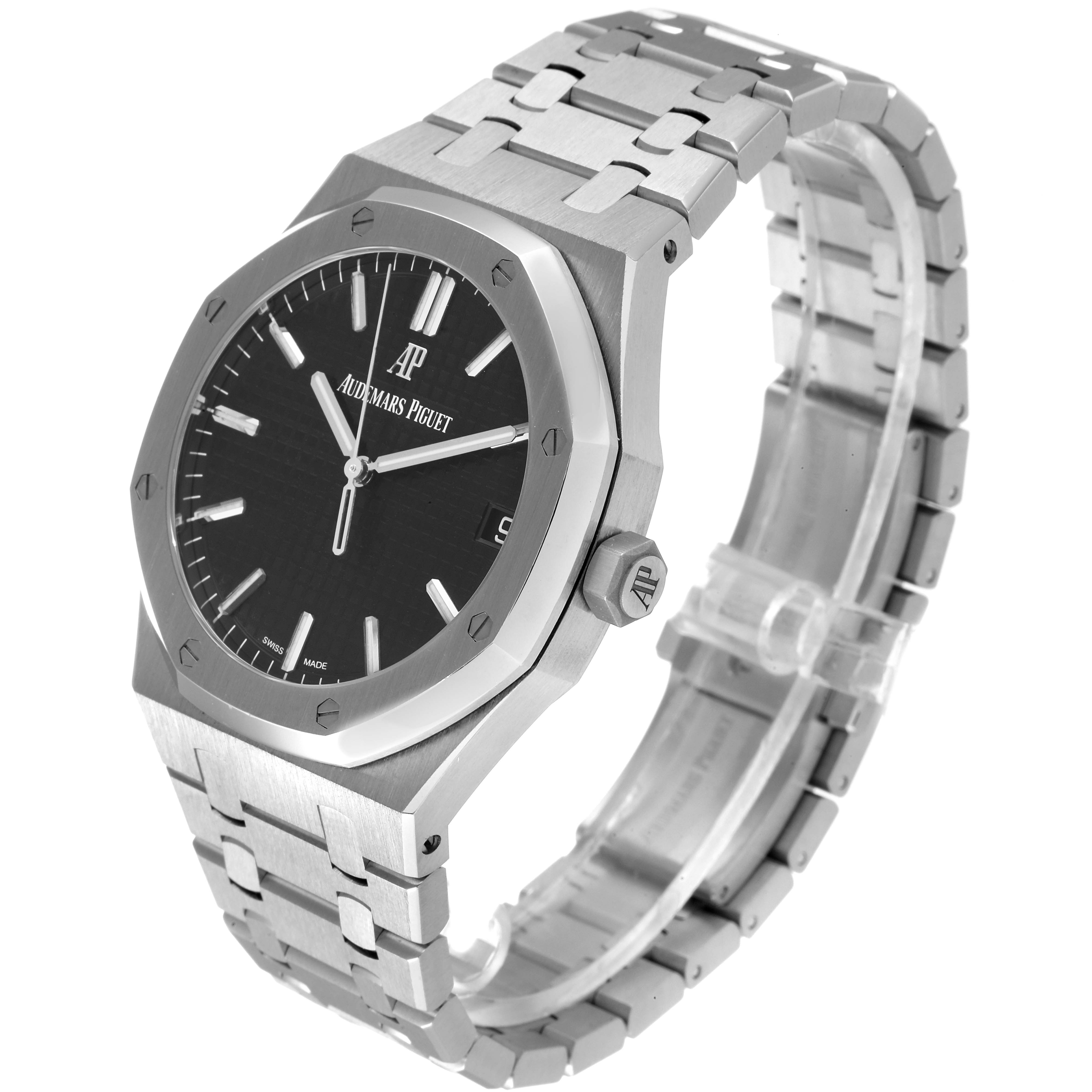 This image shows an Audemars Piguet Royal Oak 15500ST.OO.1220ST.03 Men's Stainless Steel Black Dial 15500ST.OO.1220ST.03 Men's Stainless Steel Black Dial watch at a three-quarter view, highlighting the octagonal bezel, black dial, crown, and metal bracelet.