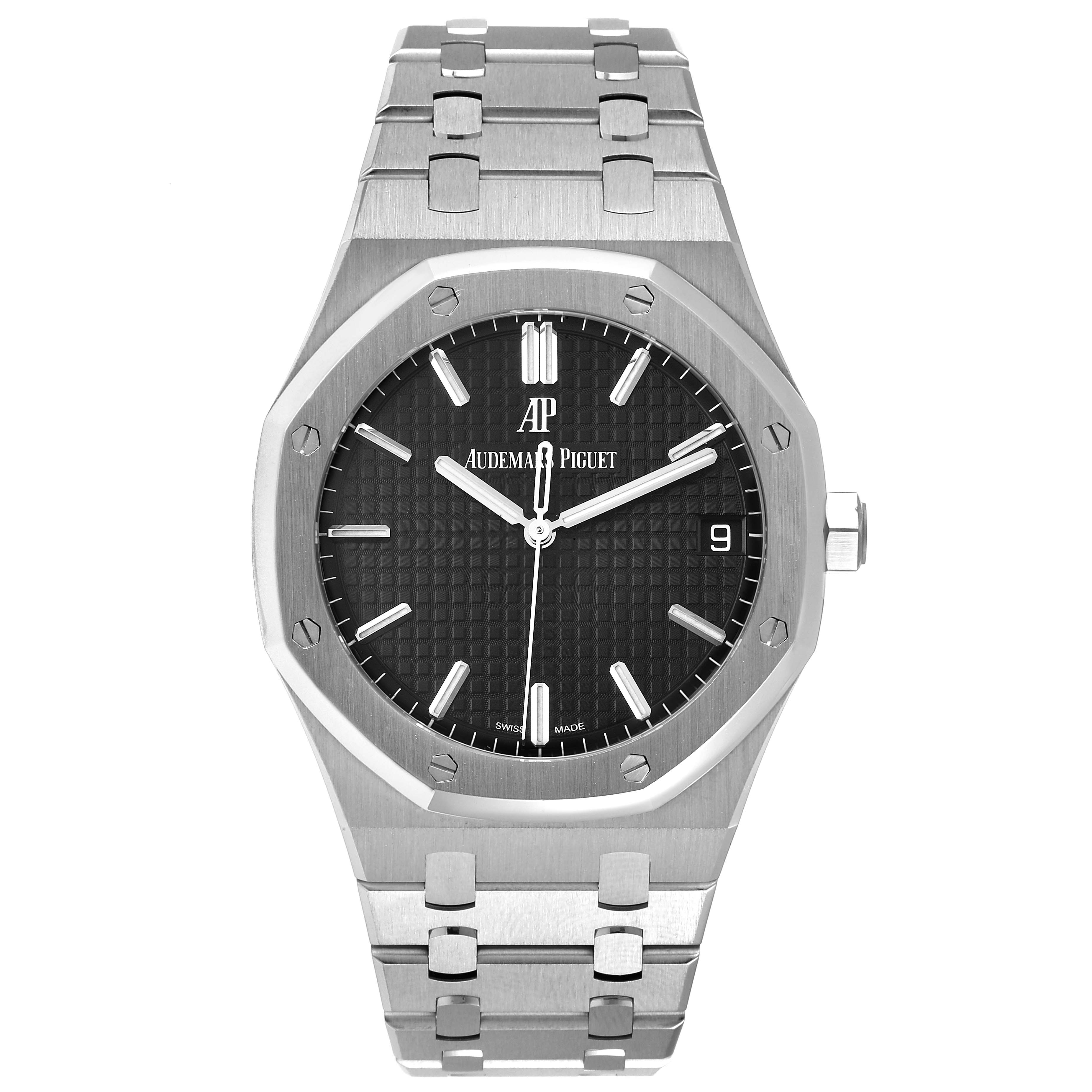 This image shows a front view of the Audemars Piguet Royal Oak 15500ST.OO.1220ST.03 Men's Stainless Steel Black Dial 15500ST.OO.1220ST.03 Men's Stainless Steel Black Dial watch, featuring its dial, bezel, and bracelet.