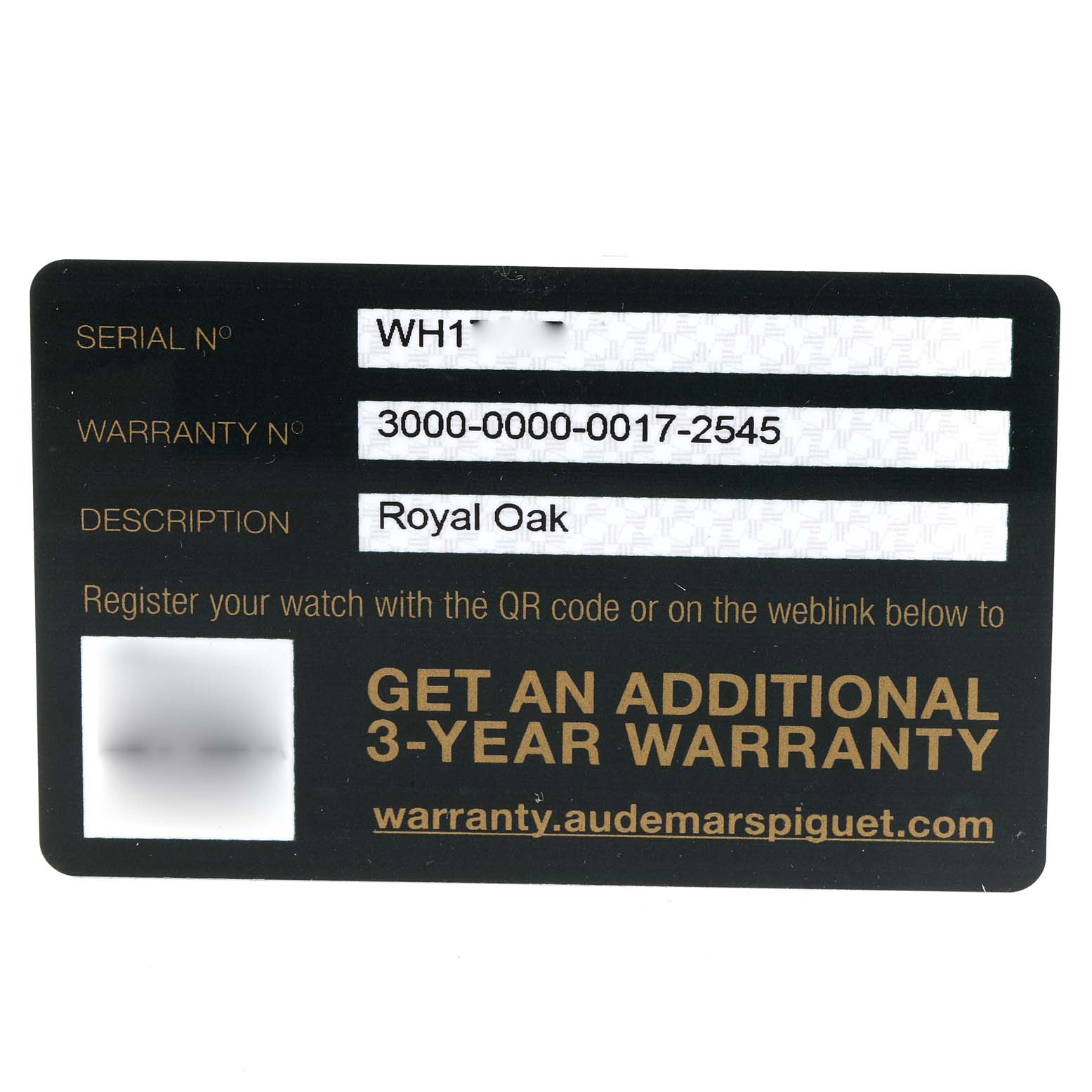 This image shows a warranty card for the Royal Oak model by Audemars Piguet, including serial and warranty numbers and registration instructions.