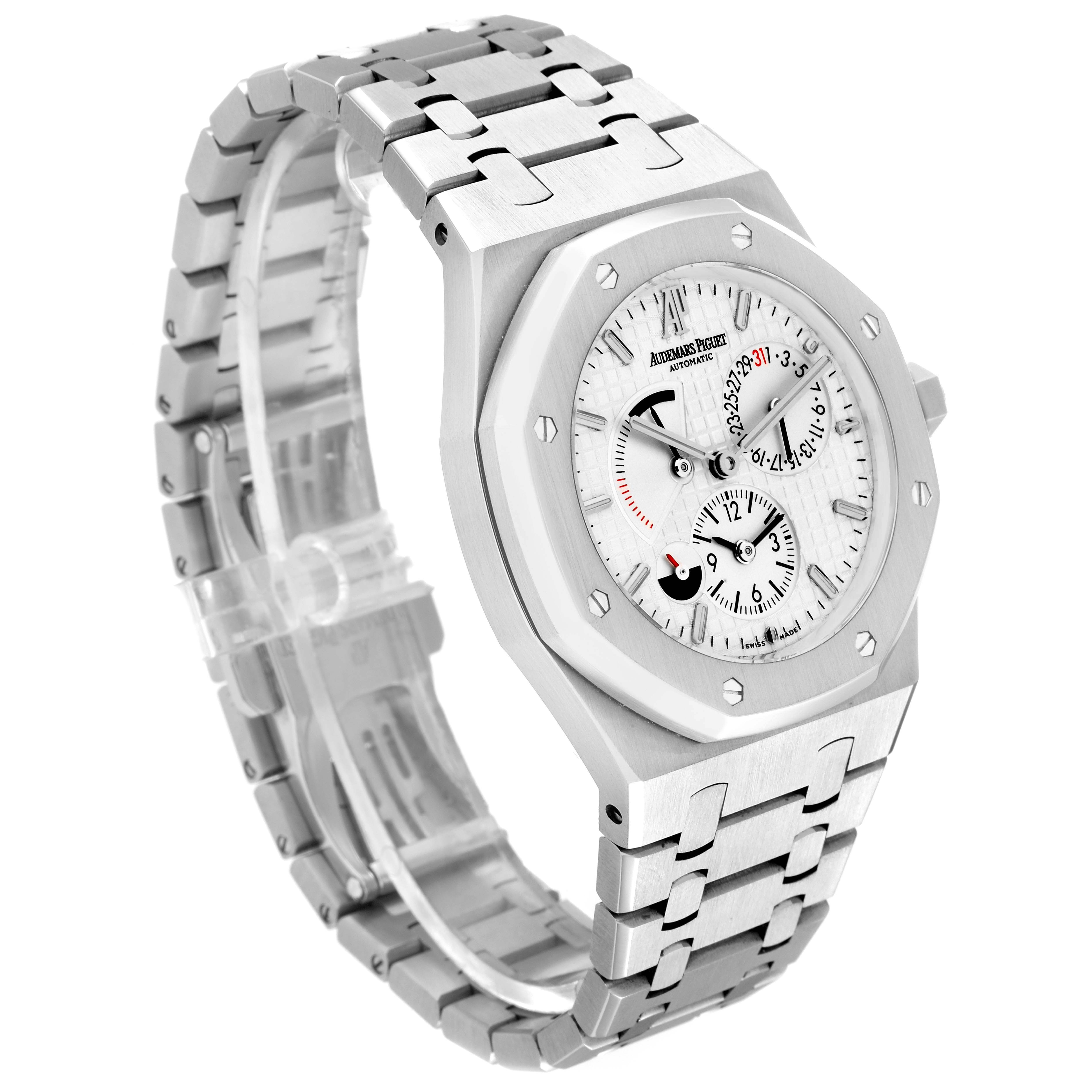 This image shows the Audemars Piguet Royal Oak 26120ST.00.1220ST.01 Men's Stainless Steel Silver Dial 26120ST.00.1220ST.01 Men's Stainless Steel Silver Dial model from an angled side view, displaying the watch face, crown, and metal bracelet.