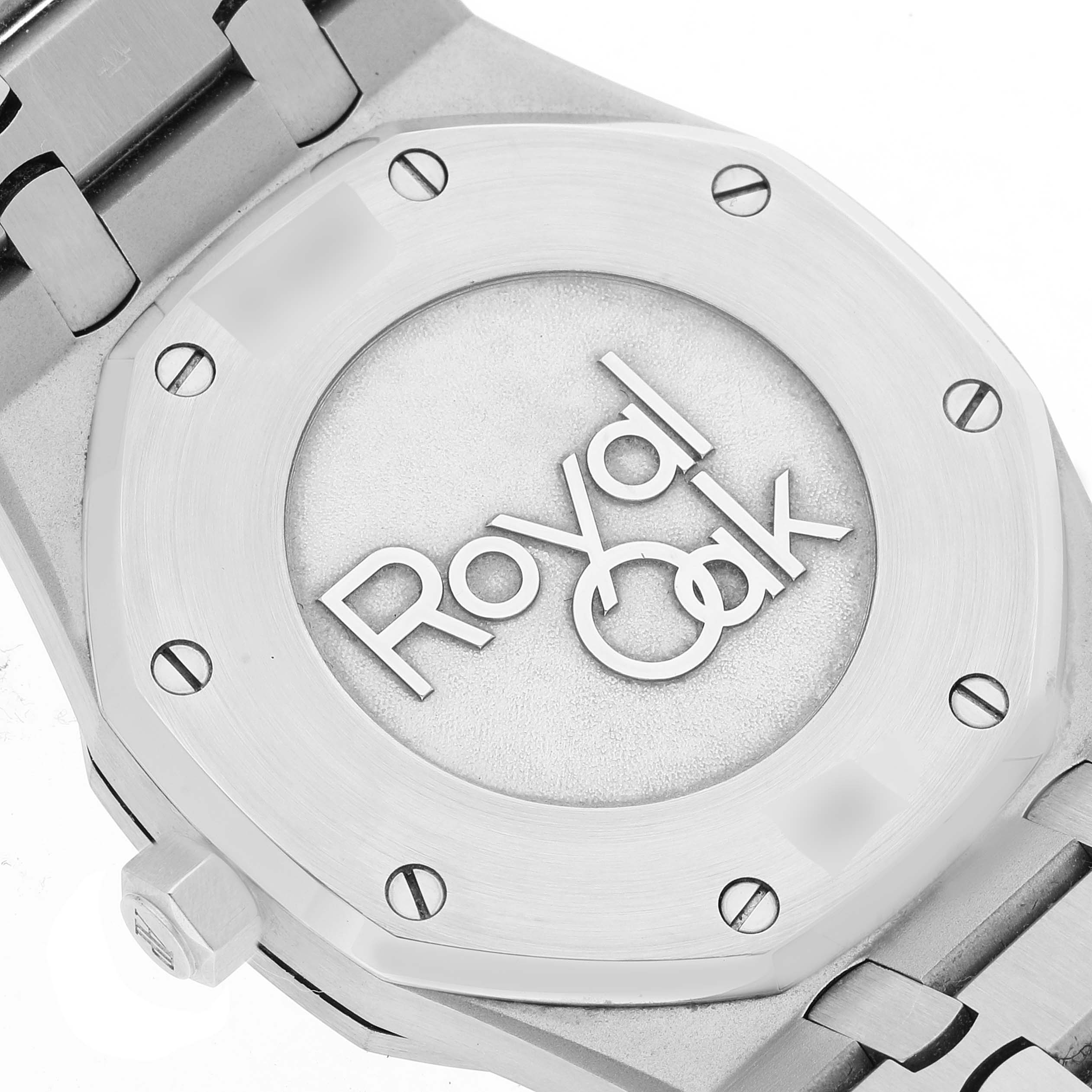 This image shows the case back of an Audemars Piguet Royal Oak 26120ST.00.1220ST.01 Men's Stainless Steel Silver Dial 26120ST.00.1220ST.01 Men's Stainless Steel Silver Dial watch viewed from the rear, highlighting the "Royal Oak" engraving.