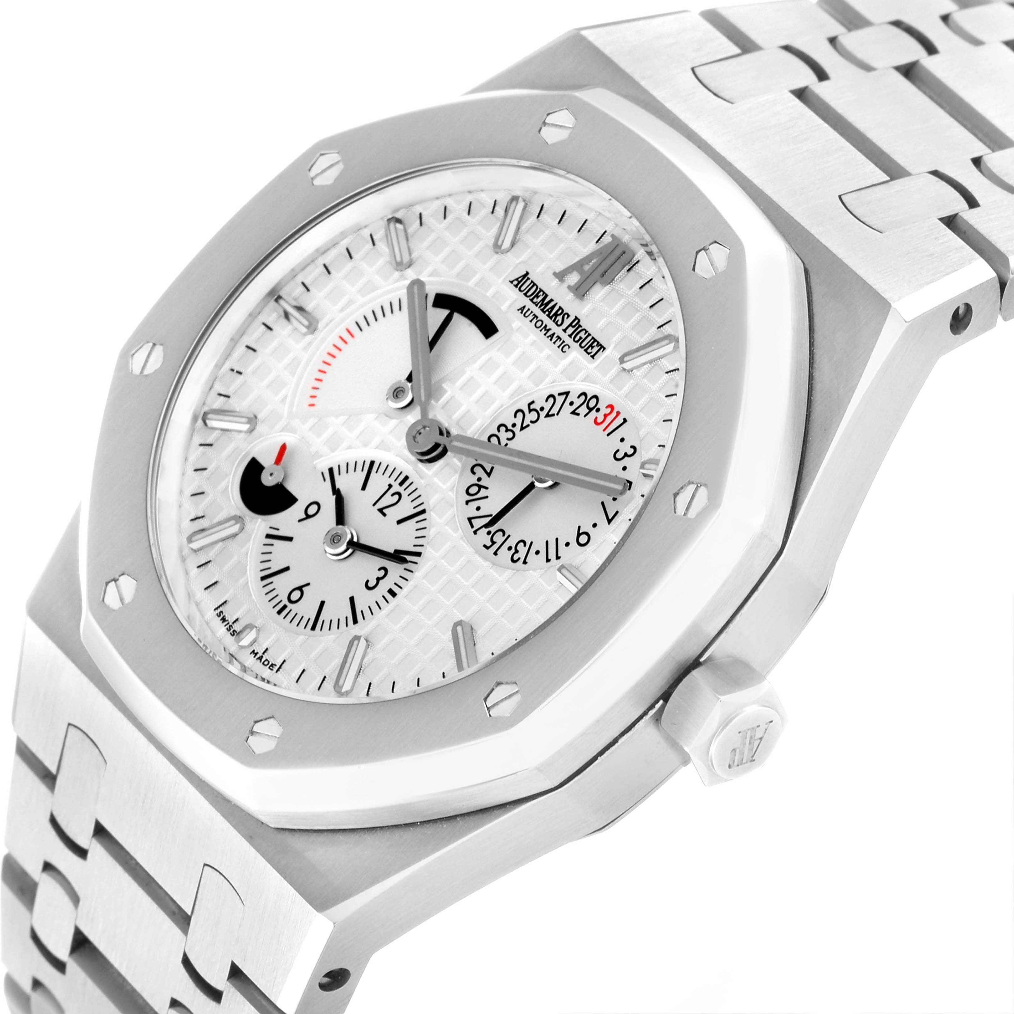 The image shows the face, case, and part of the bracelet of an Audemars Piguet Royal Oak 26120ST.00.1220ST.01 Men's Stainless Steel Silver Dial 26120ST.00.1220ST.01 Men's Stainless Steel Silver Dial watch from an angled top-down perspective.