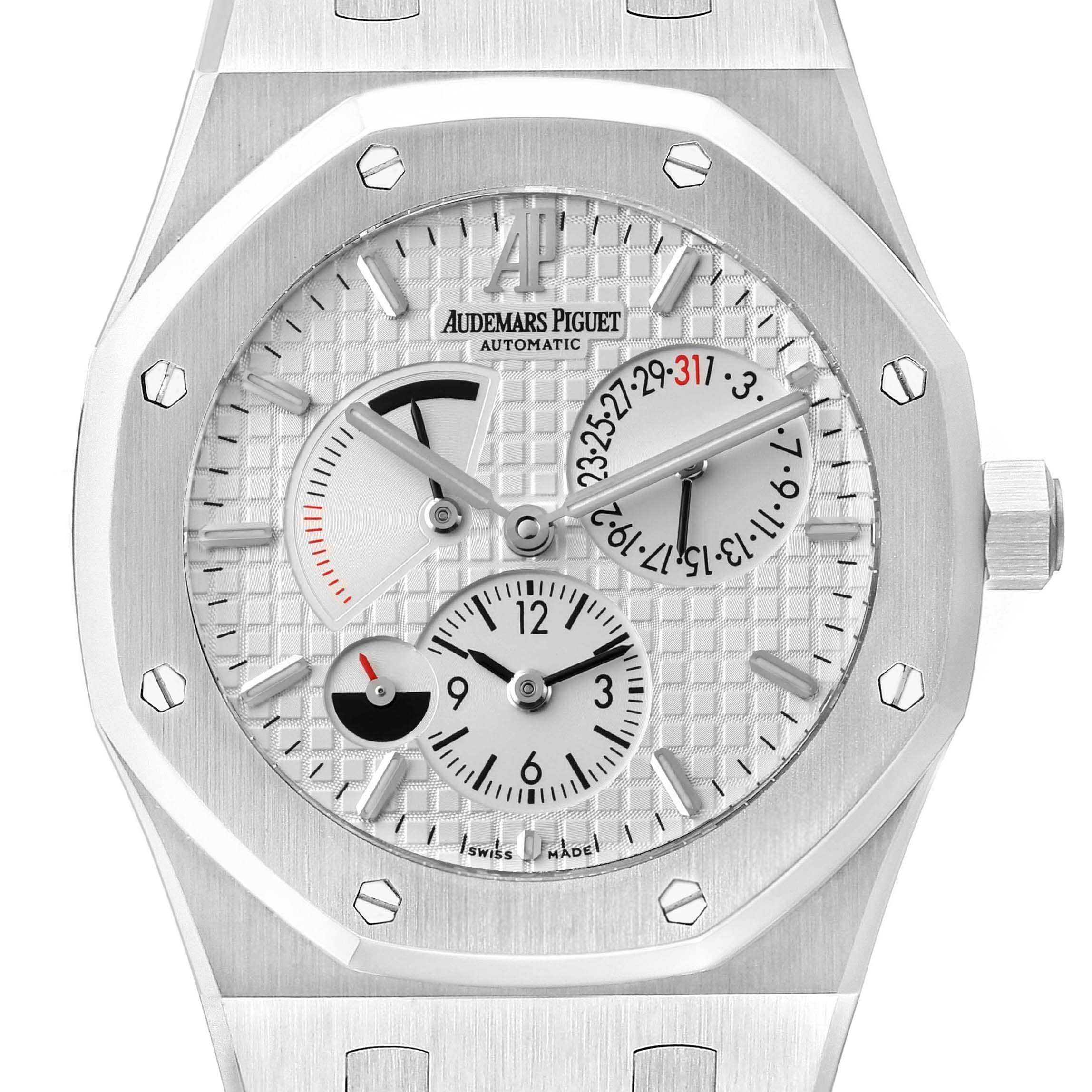 This image shows a frontal view of the Audemars Piguet Royal Oak 26120ST.00.1220ST.01 Men's Stainless Steel Silver Dial 26120ST.00.1220ST.01 Men's Stainless Steel Silver Dial watch, highlighting the dial, subdials, and bezel.