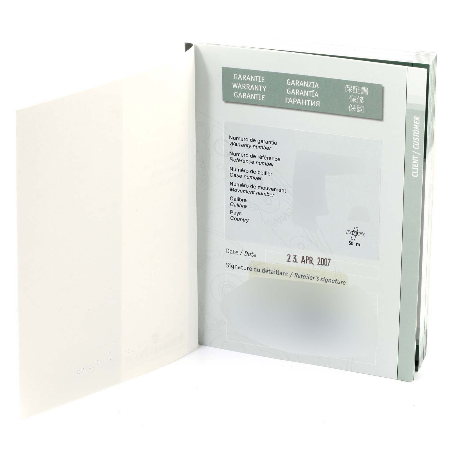 The image shows the warranty booklet for the Audemars Piguet Royal Oak 26120ST.00.1220ST.01 Men's Stainless Steel Silver Dial 26120ST.00.1220ST.01 Men's Stainless Steel Silver Dial model, open to a page with warranty and reference information.