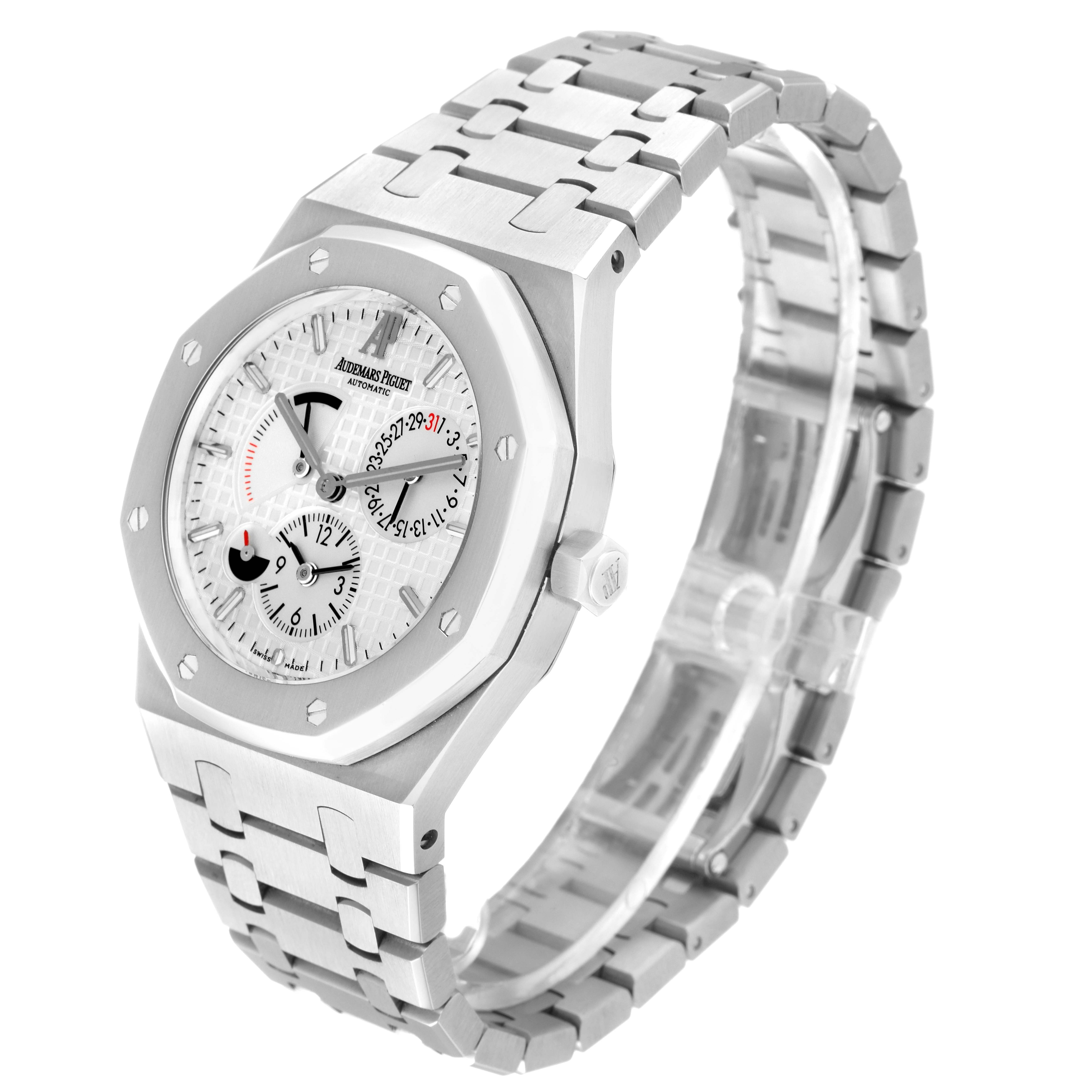 This image shows a side angle of the Audemars Piguet Royal Oak 26120ST.00.1220ST.01 Men's Stainless Steel Silver Dial 26120ST.00.1220ST.01 Men's Stainless Steel Silver Dial watch, highlighting its face, bezel, and stainless steel bracelet.