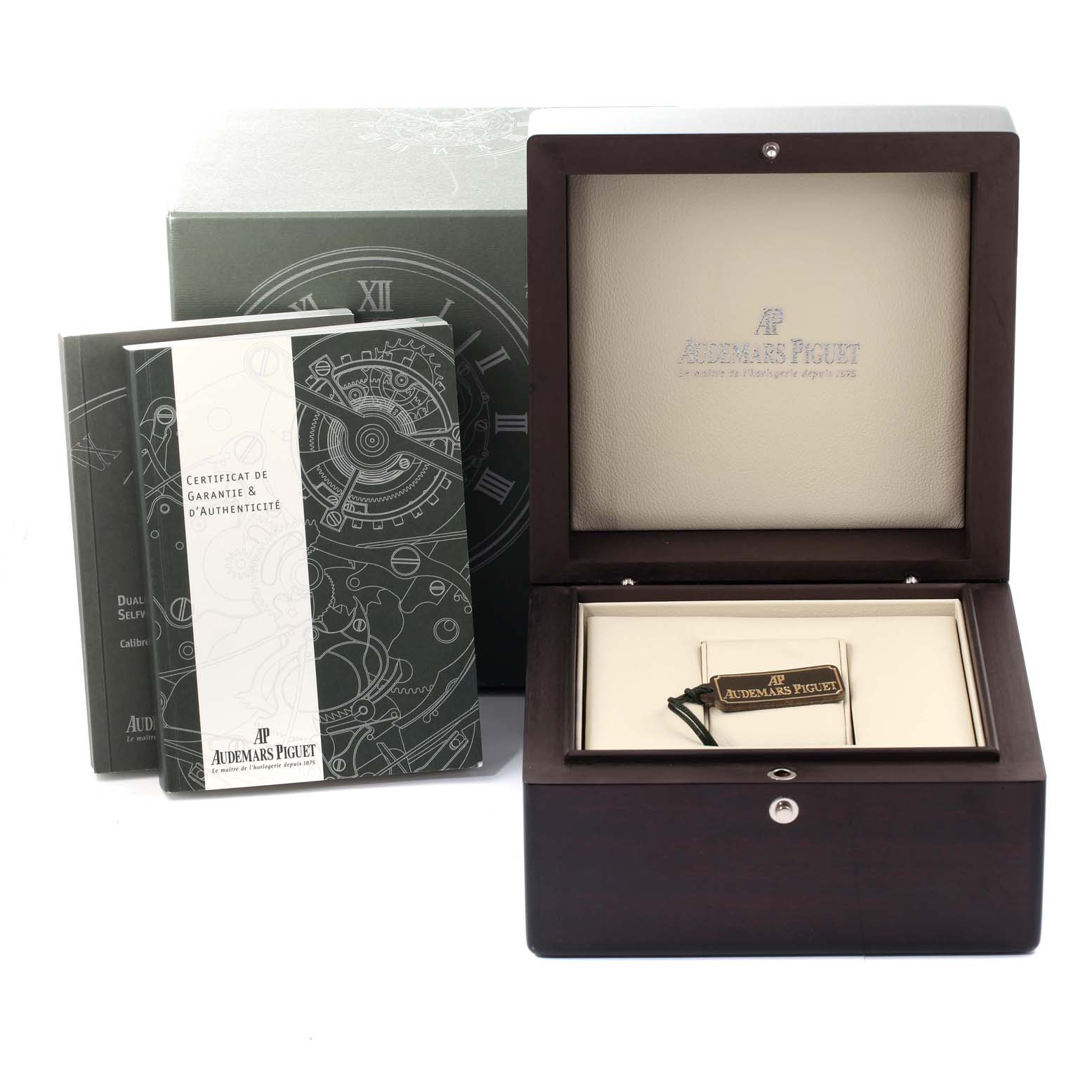 The image shows the packaging, certificate, and a keyring of an Audemars Piguet Royal Oak 26120ST.00.1220ST.01 Men's Stainless Steel Silver Dial 26120ST.00.1220ST.01 Men's Stainless Steel Silver Dial watch.