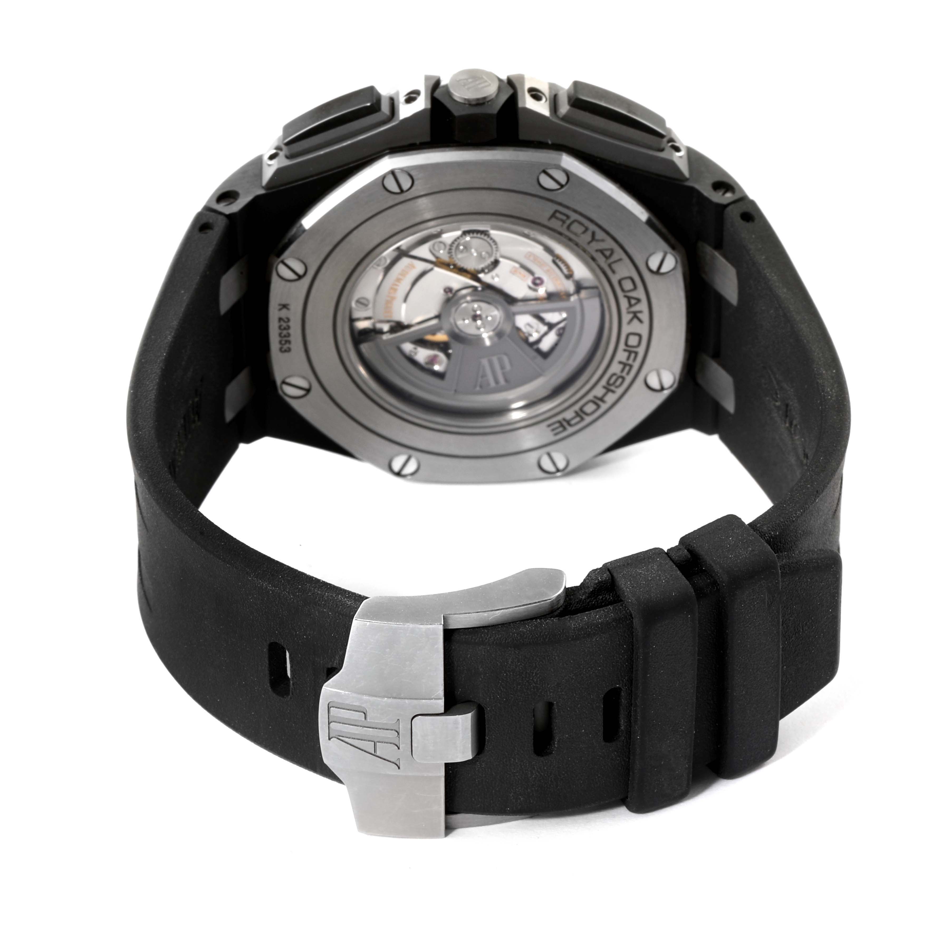 The image shows the back view of an Audemars Piguet Royal Oak Offshore 26405CE.OO.A002CA.02 Men's Ceramic Black Dial 26405CE.OO.A002CA.02 Men's Ceramic Black Dial watch, highlighting the case back and strap.