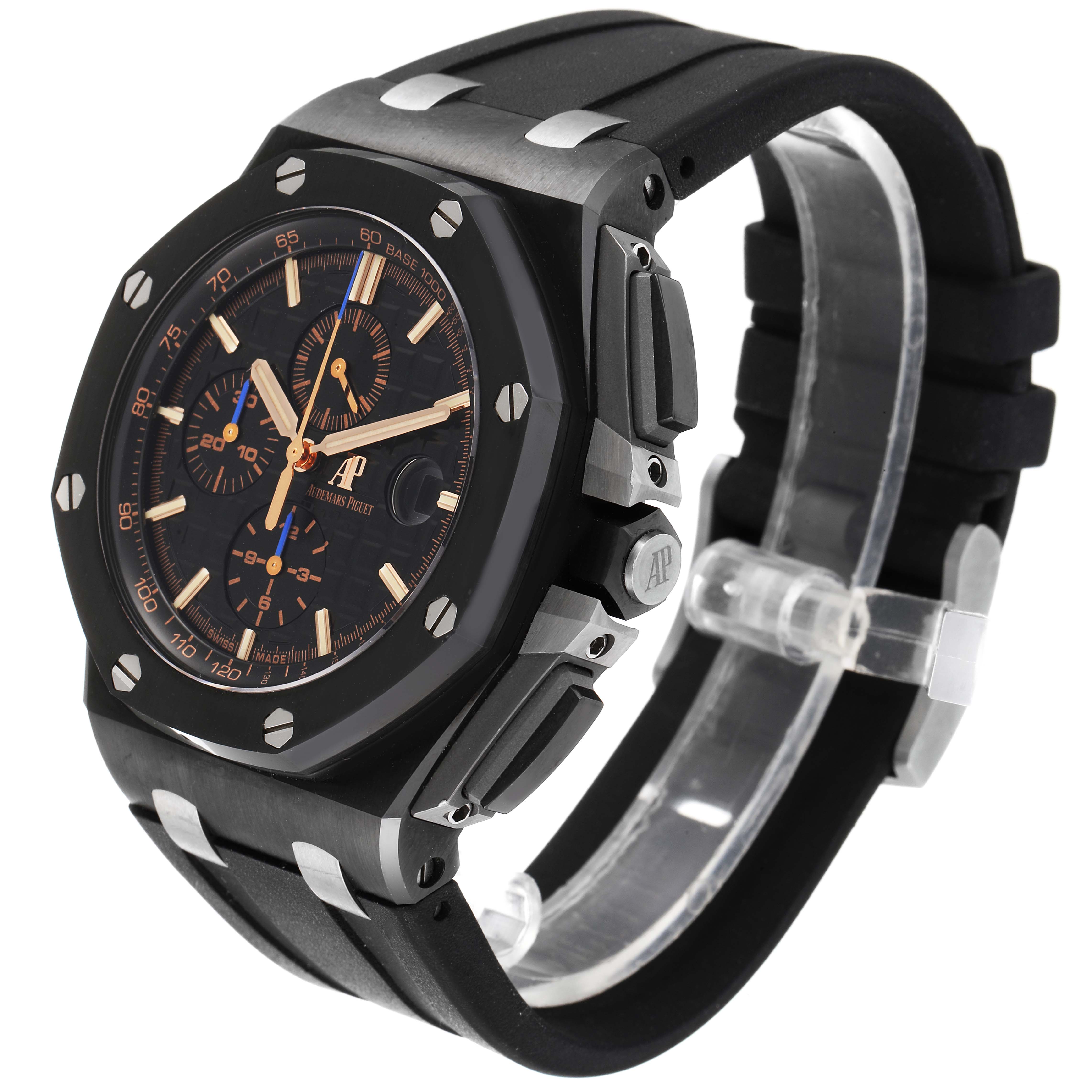 The image shows a side angle of the Audemars Piguet Royal Oak Offshore 26405CE.OO.A002CA.02 Men's Ceramic Black Dial 26405CE.OO.A002CA.02 Men's Ceramic Black Dial watch, highlighting its face, bezel, and rubber strap.