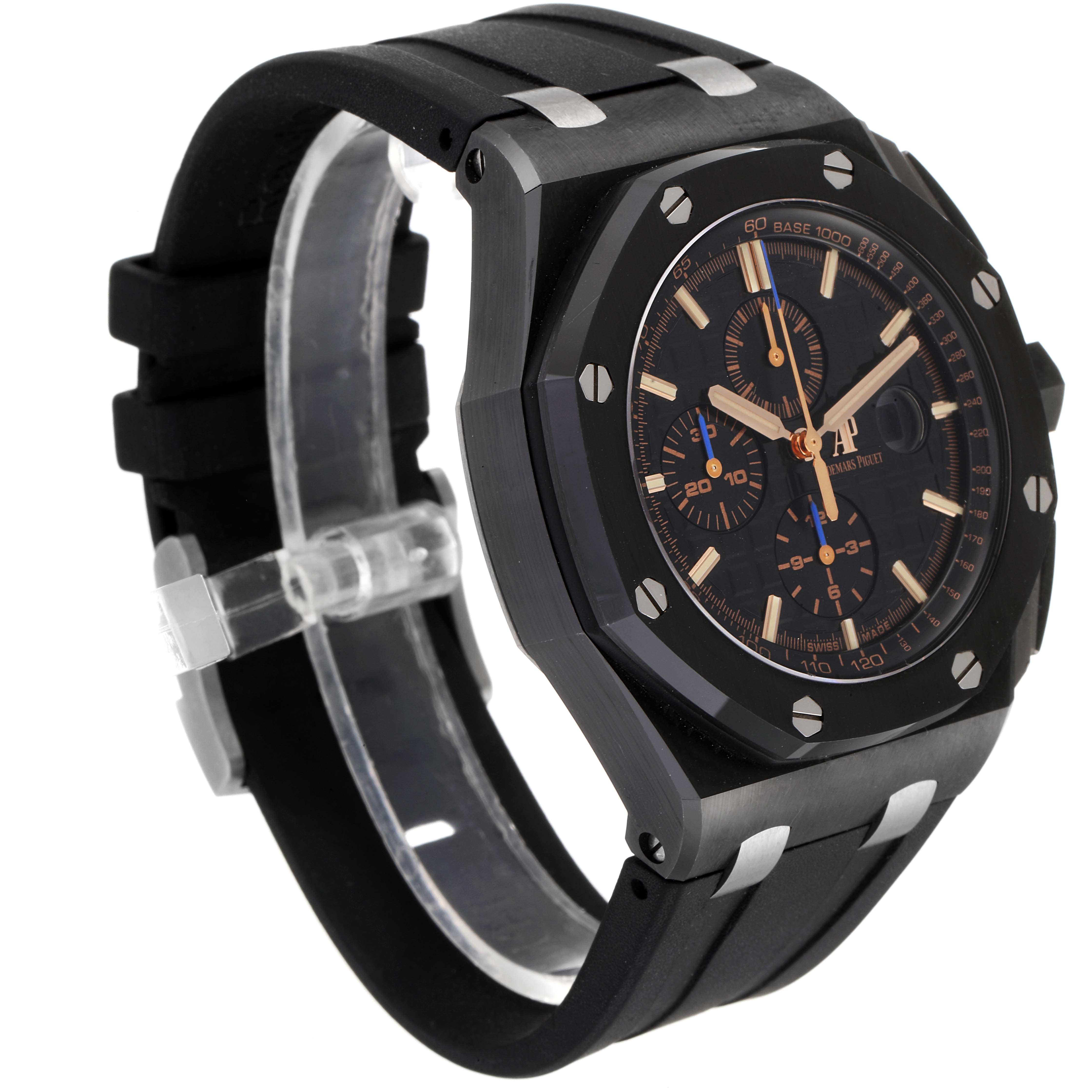 The image shows a side-front angle of the Audemars Piguet Royal Oak Offshore 26405CE.OO.A002CA.02 Men's Ceramic Black Dial 26405CE.OO.A002CA.02 Men's Ceramic Black Dial watch, highlighting its face, bezel, and strap.