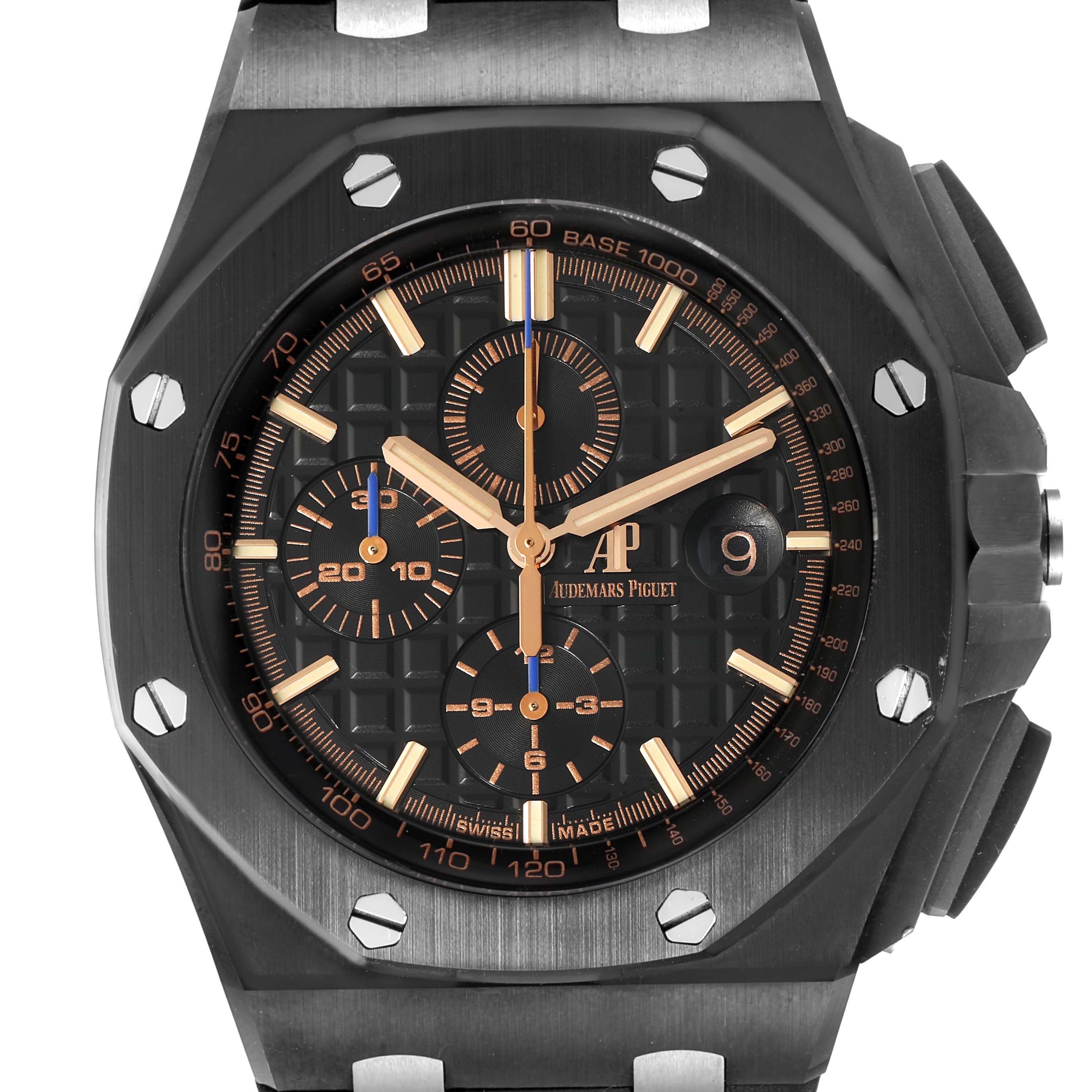This image shows the front view of an Audemars Piguet Royal Oak Offshore 26405CE.OO.A002CA.02 Men's Ceramic Black Dial 26405CE.OO.A002CA.02 Men's Ceramic Black Dial watch, highlighting its dial, bezel, and chronograph subdials.