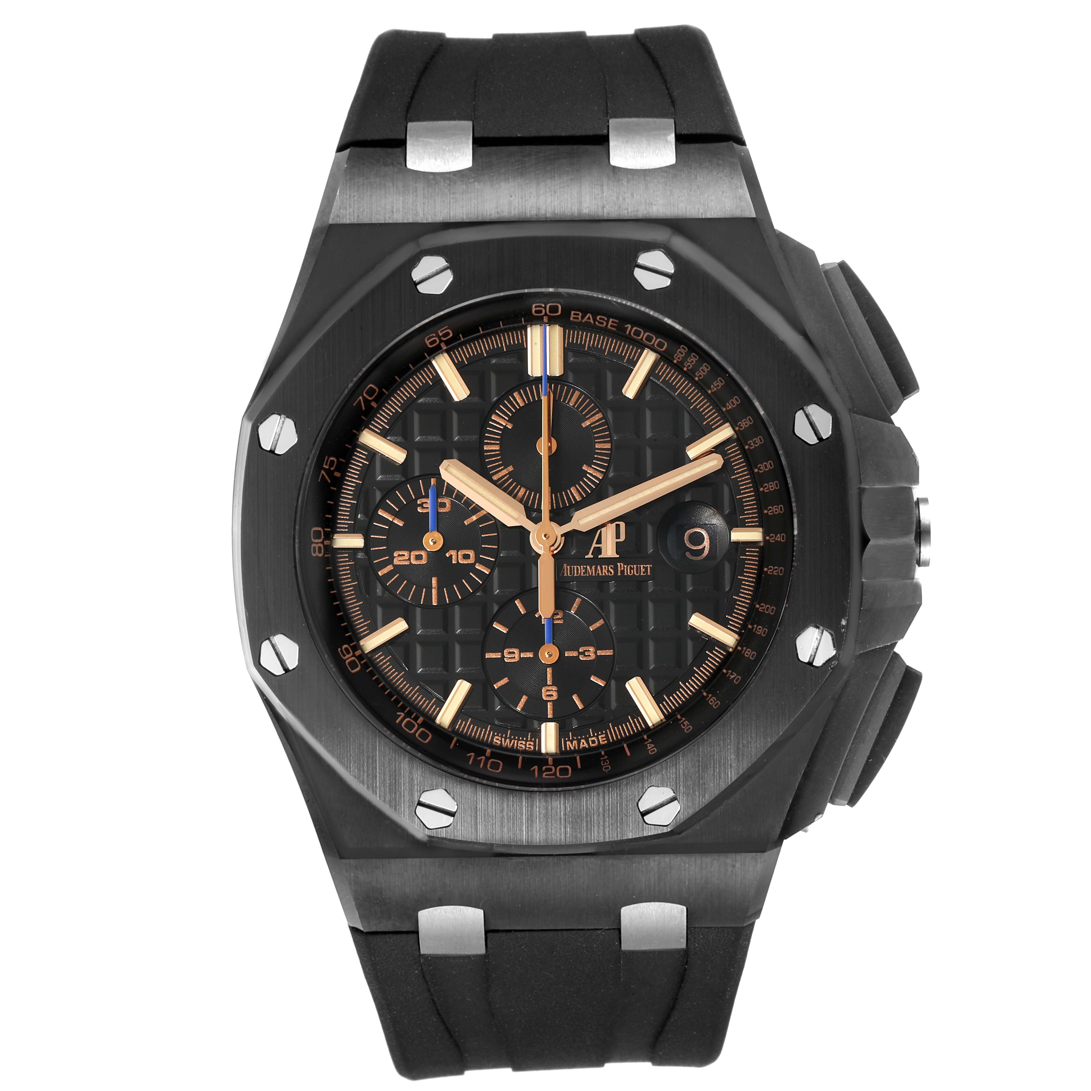 The image shows a front view of the Audemars Piguet Royal Oak Offshore 26405CE.OO.A002CA.02 Men's Ceramic Black Dial 26405CE.OO.A002CA.02 Men's Ceramic Black Dial watch with its face and strap visible.