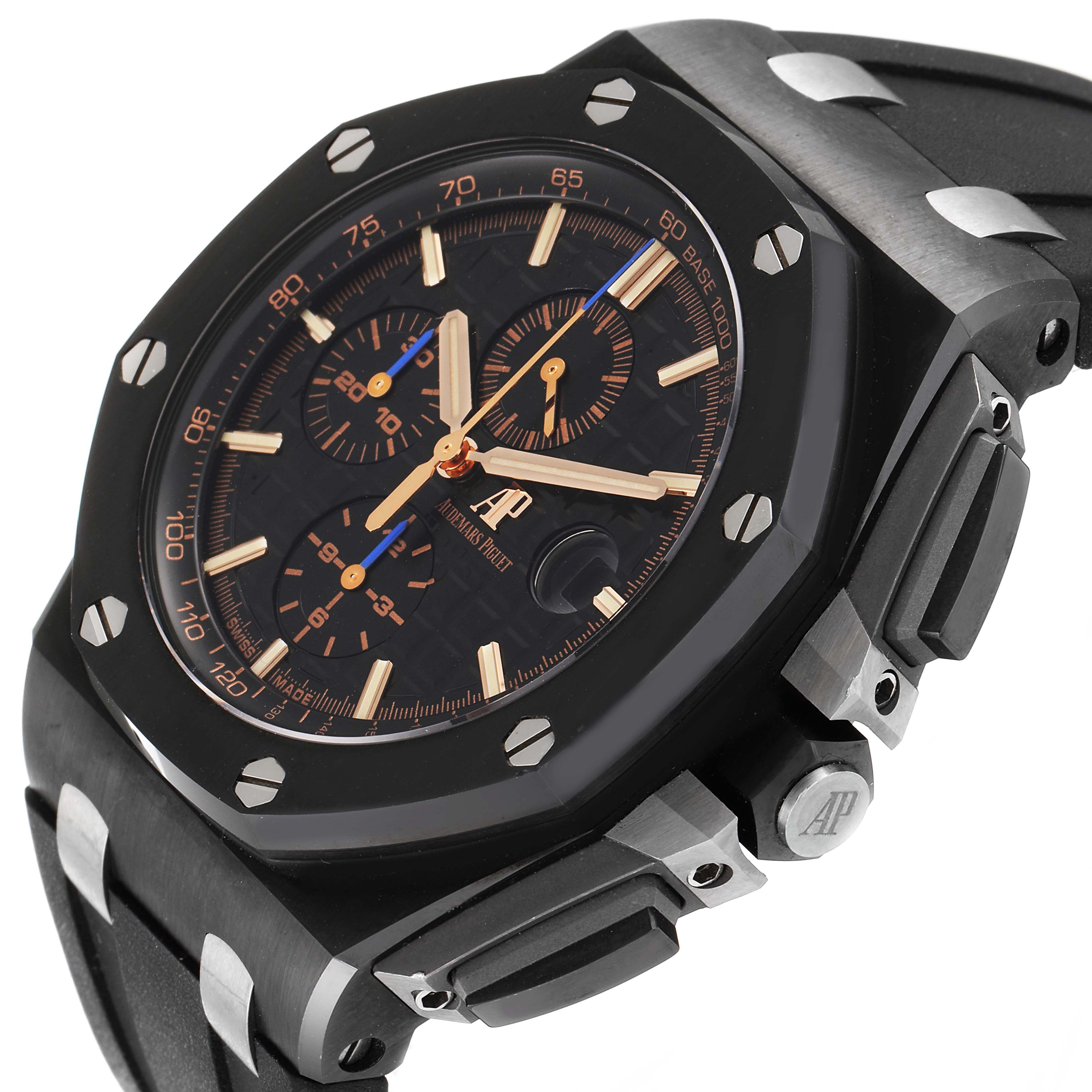 The image shows the front and side view of the Royal Oak Offshore model by Audemars Piguet, highlighting its dial, bezel, and pushers.