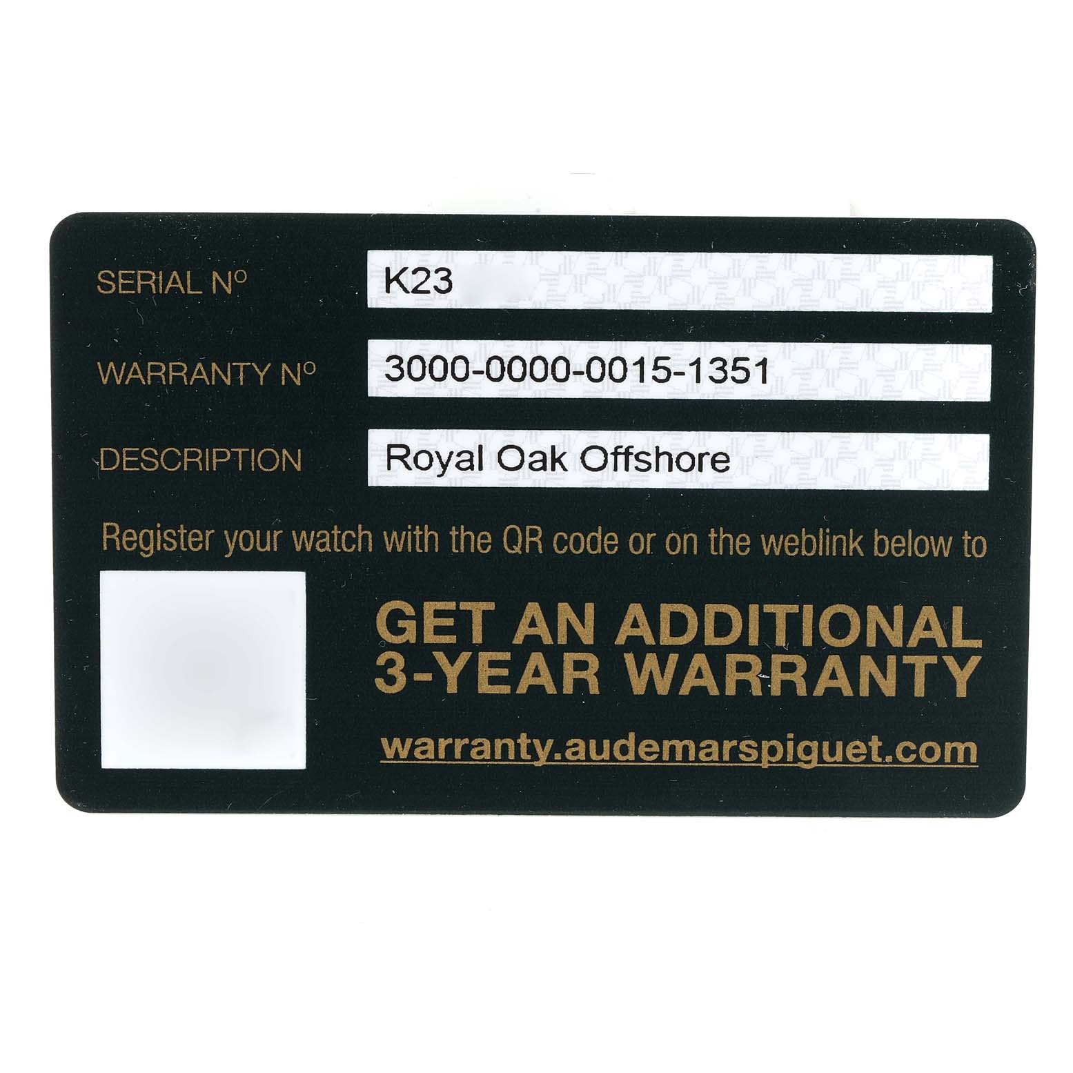The image shows a warranty card for the Audemars Piguet Royal Oak Offshore 26405CE.OO.A002CA.02 Men's Ceramic Black Dial 26405CE.OO.A002CA.02 Men's Ceramic Black Dial watch model.
