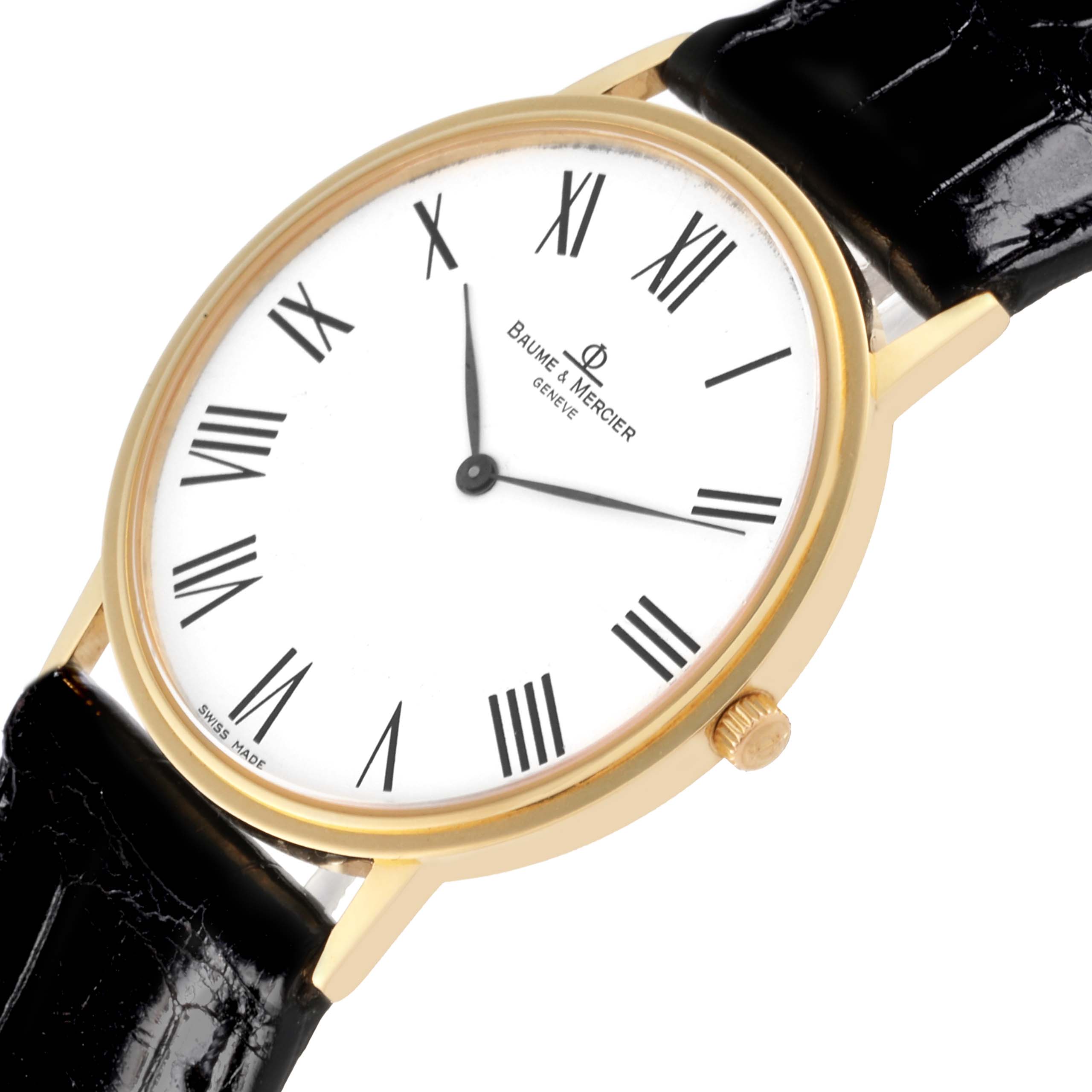 The Baume & Mercier Classima MV045088 Men's Yellow Gold White Dial MV045088 Men's Yellow Gold White Dial watch is shown at an angled side view, highlighting the face, crown, case, and black leather strap.