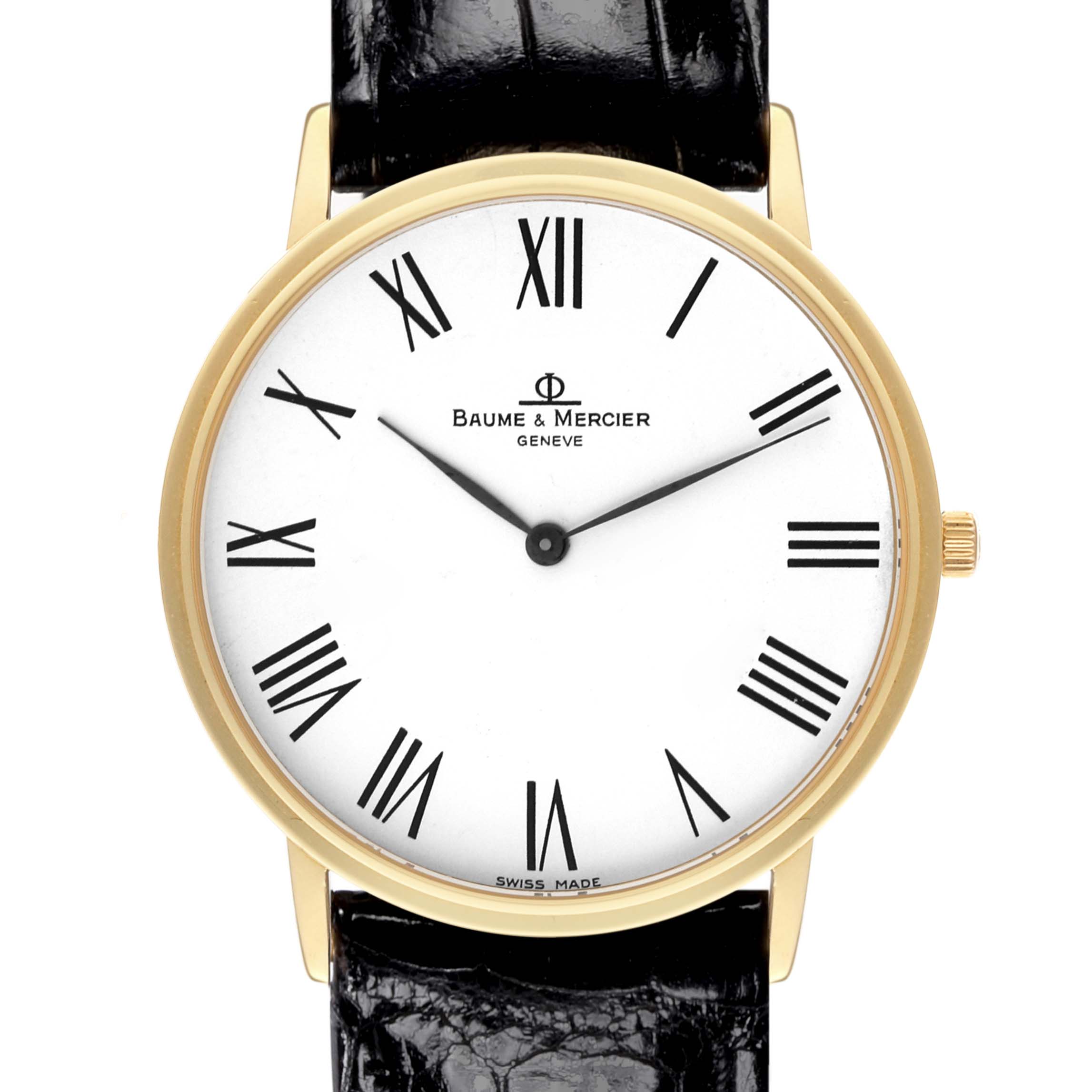 The Baume & Mercier Classima MV045088 Men's Yellow Gold White Dial MV045088 Men's Yellow Gold White Dial watch is shown from a front angle, displaying the face, Roman numerals, and leather strap.